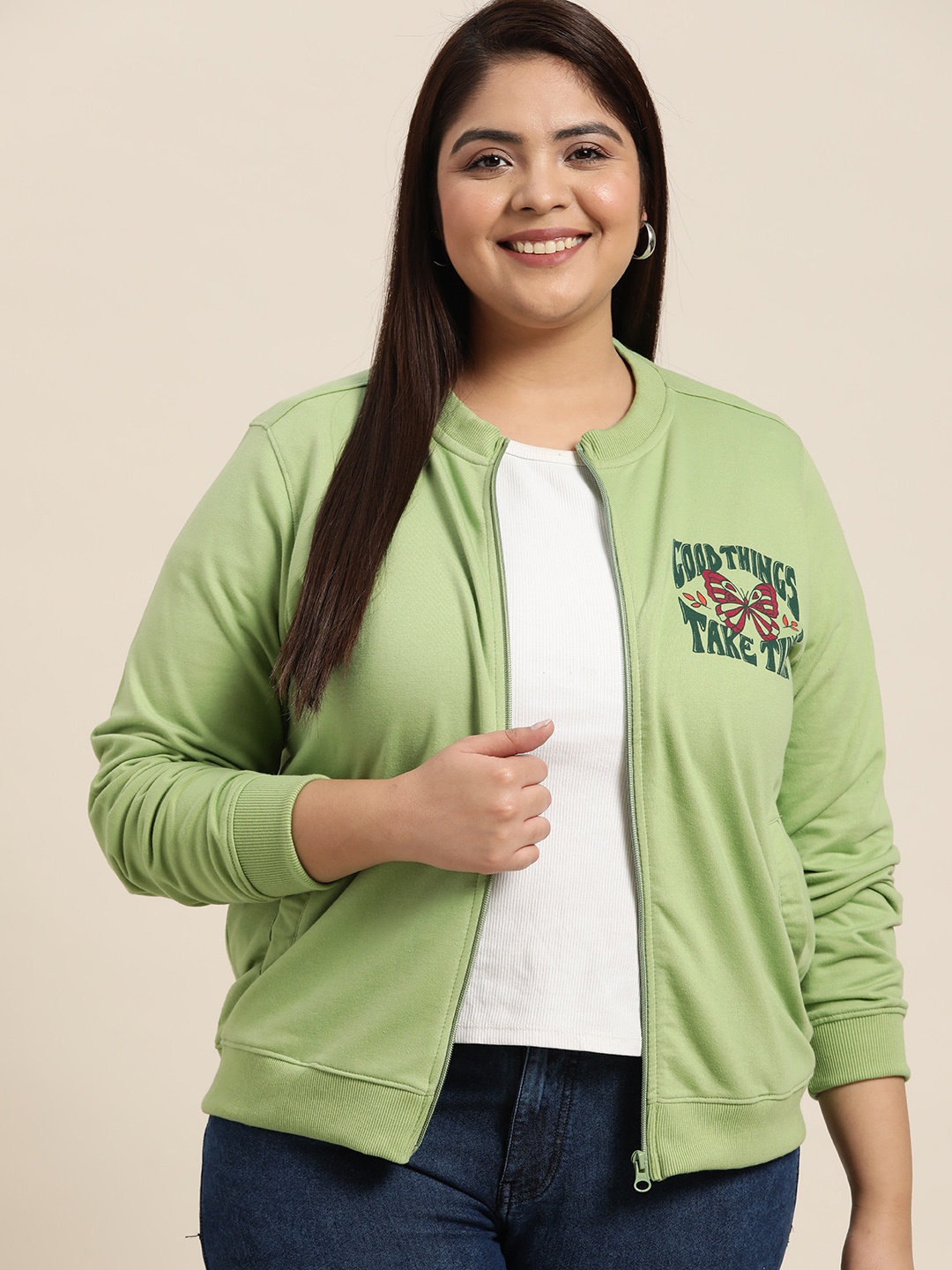 

Sztori Women Plus Size Green Printed Sweatshirt