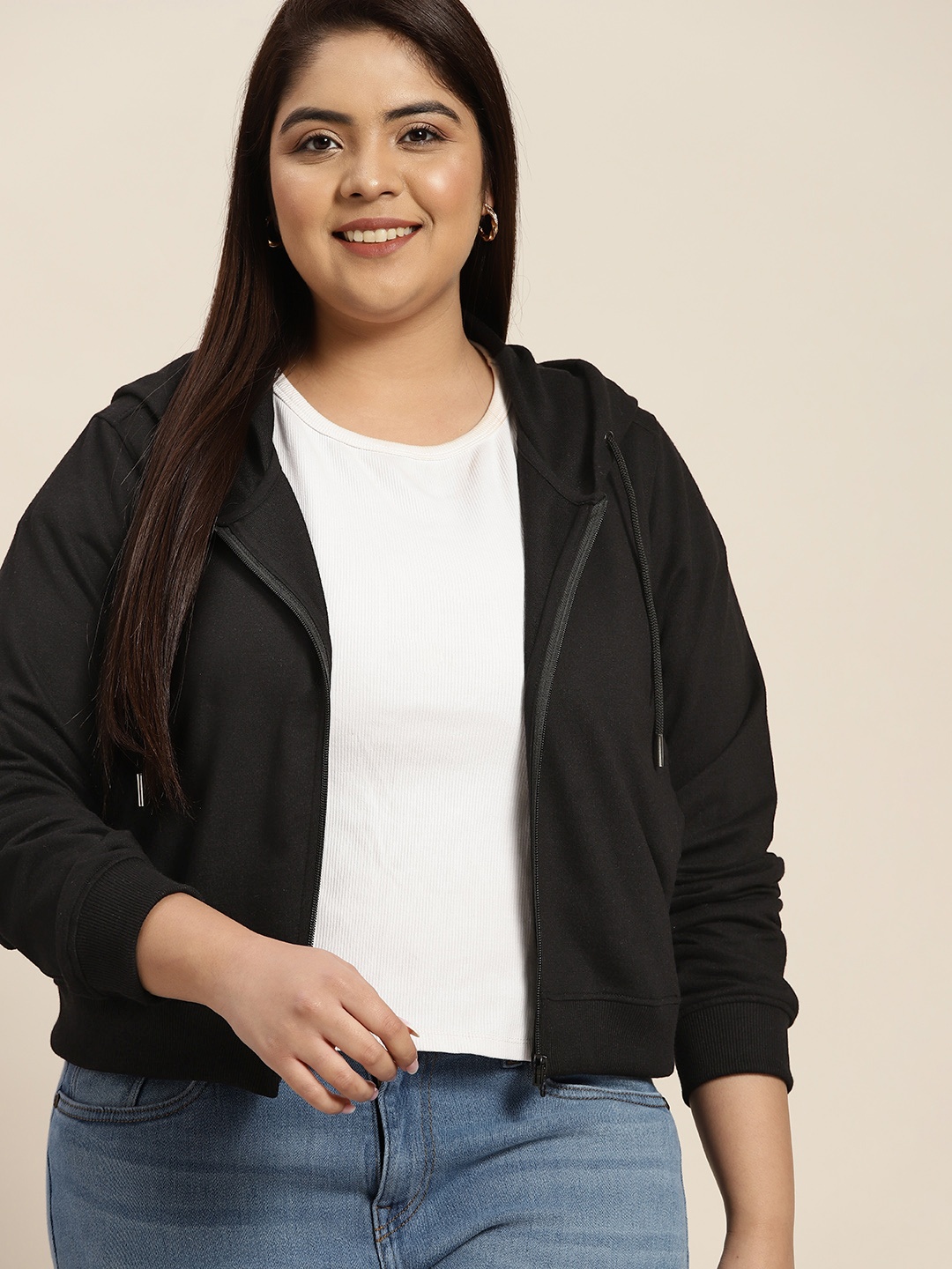 

Sztori Women Plus Size Black Solid Hooded Sweatshirt