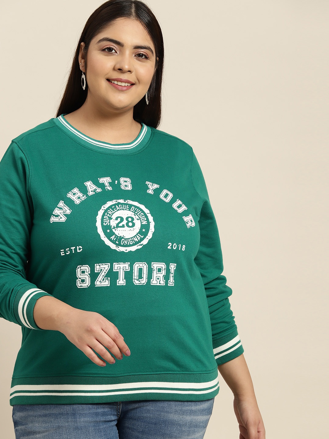 

Sztori Women Plus Size Green Printed Sweatshirt