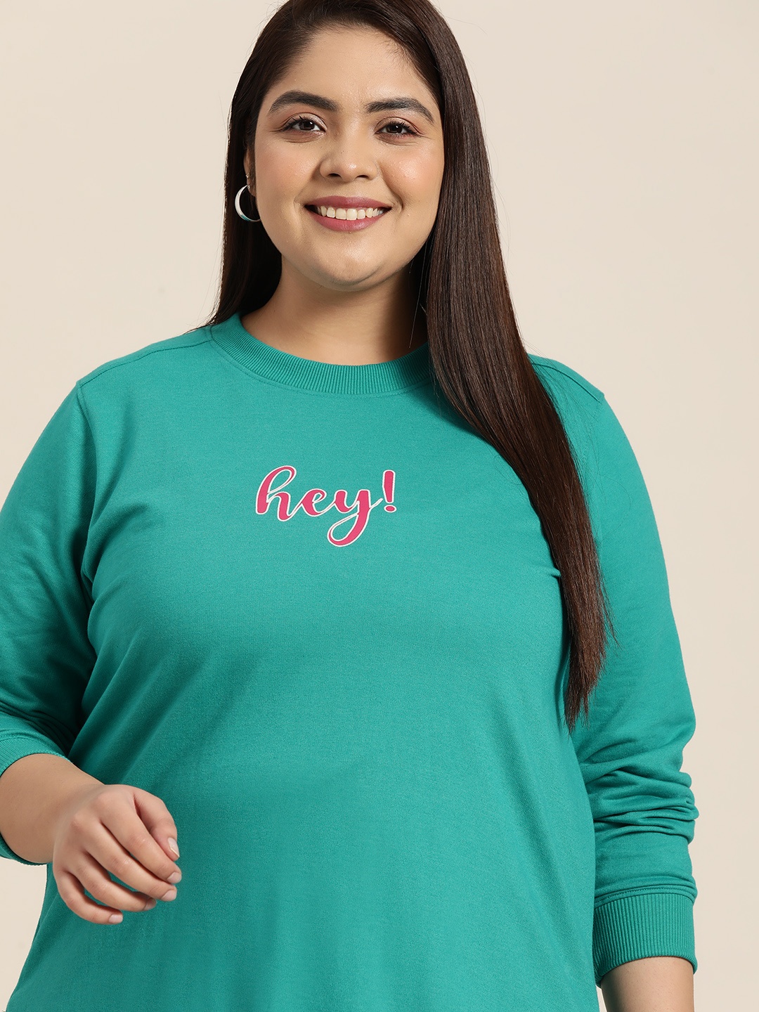 

Sztori Women Plus Size Teal Green Typography Printed Longline Sweatshirt, Blue