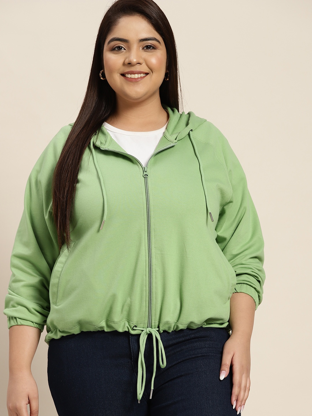

Sztori Women Plus Size Green Solid Hooded Sweatshirt