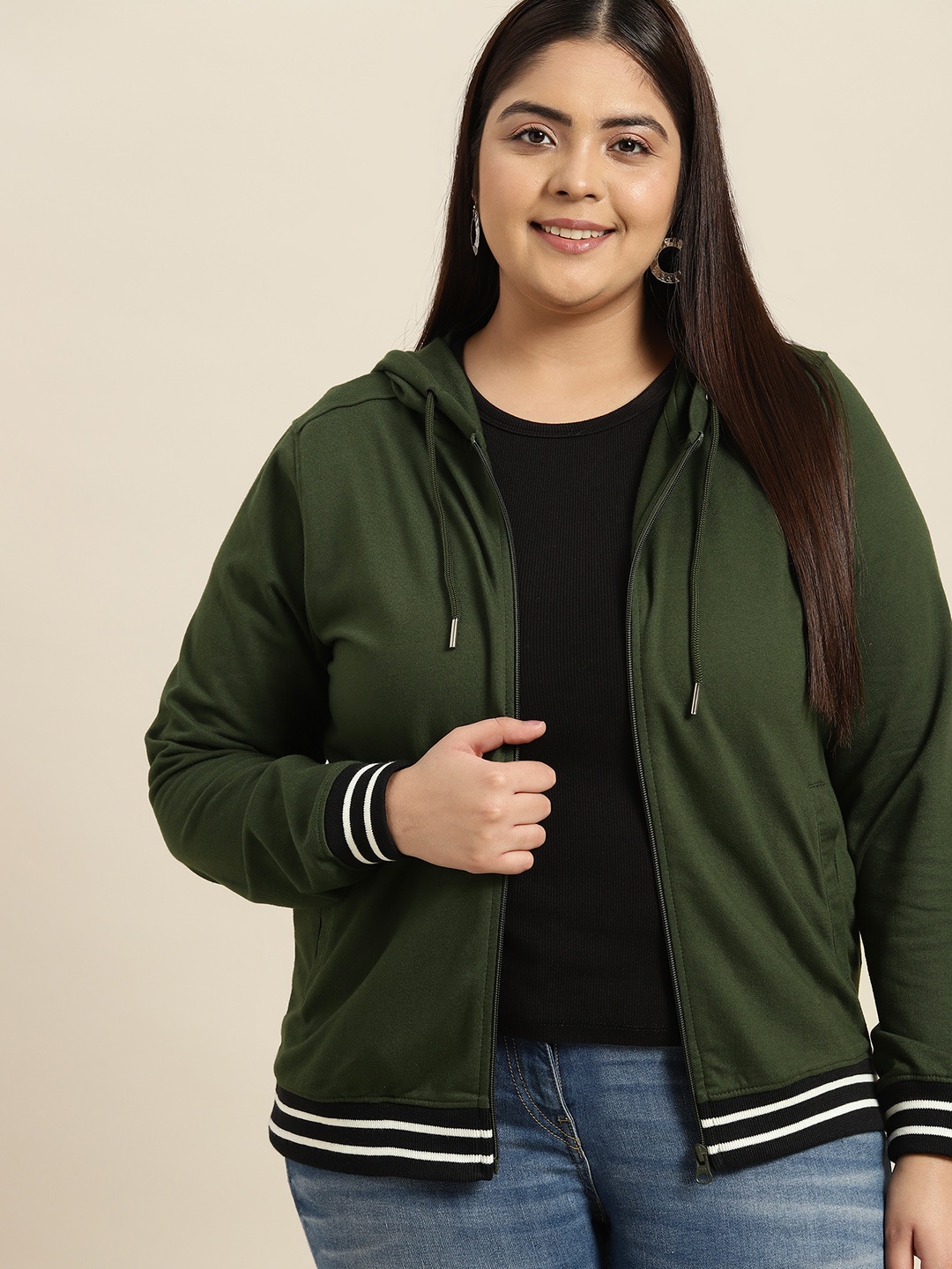 

Sztori Women Plus Size Olive Green Solid Hooded Sweatshirt
