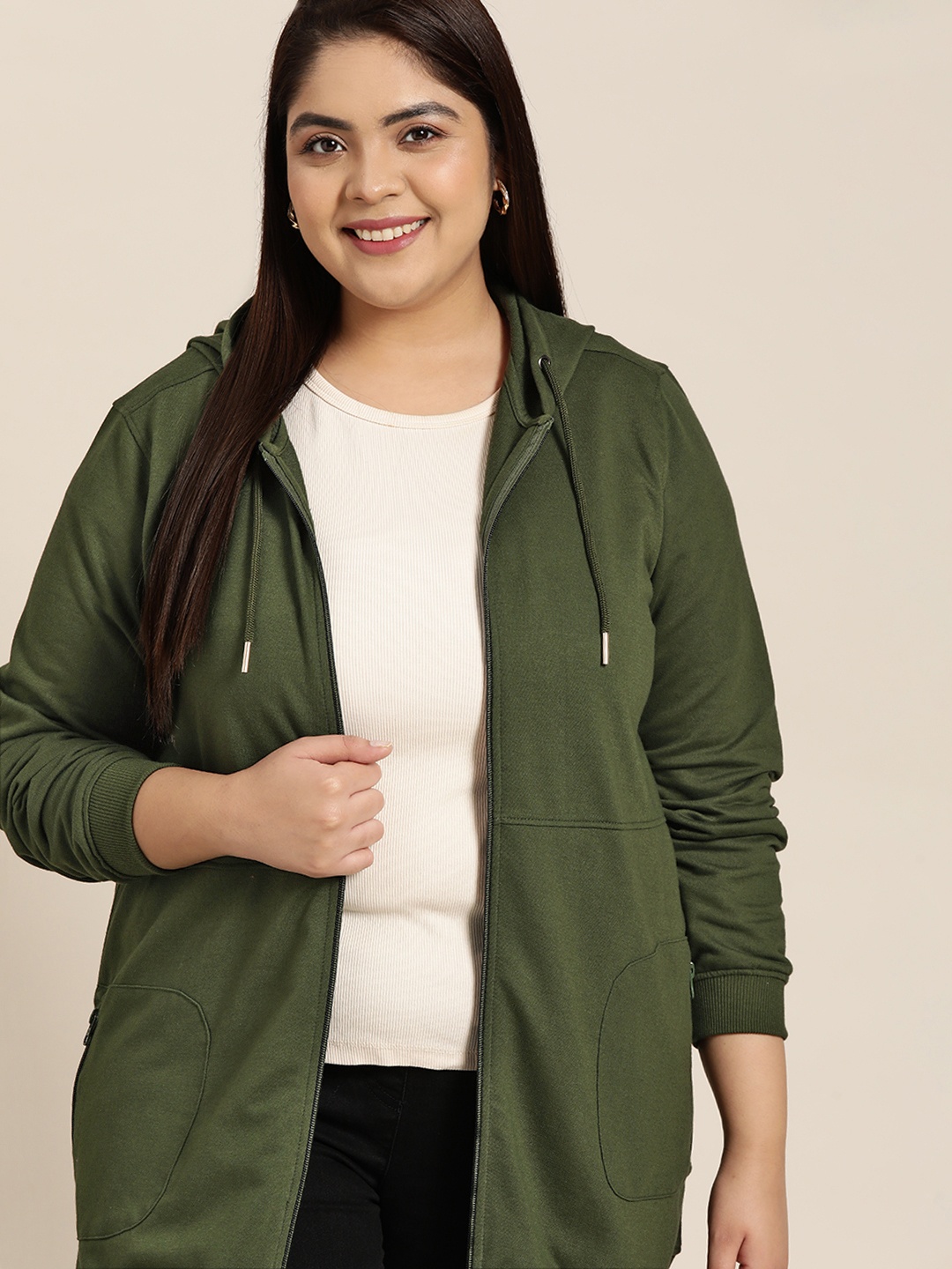 

Sztori Women Plus Size Olive Green Solid Hooded Sweatshirt