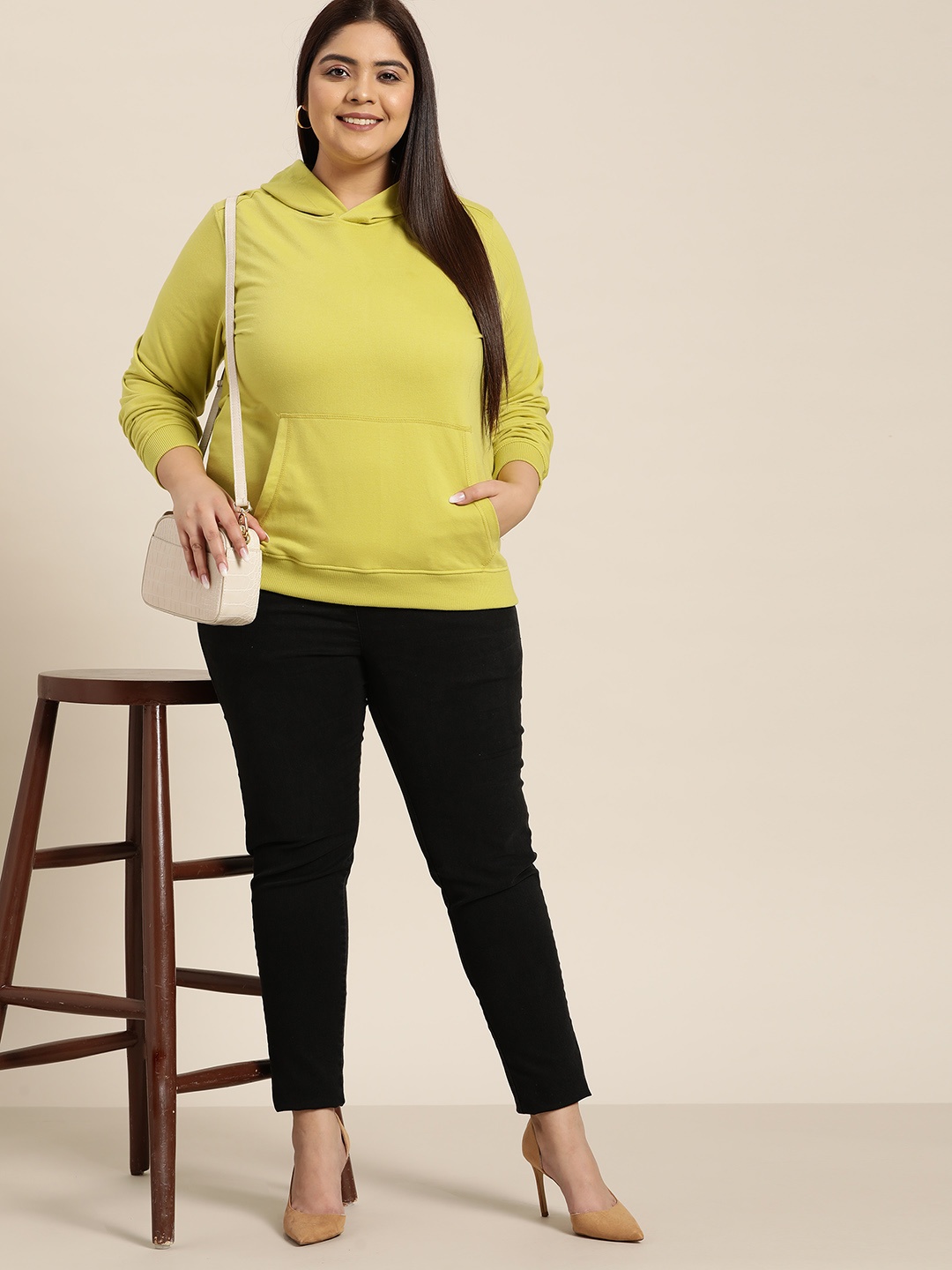 

Sztori Women Plus Size Lime Green Solid Hooded Sweatshirt