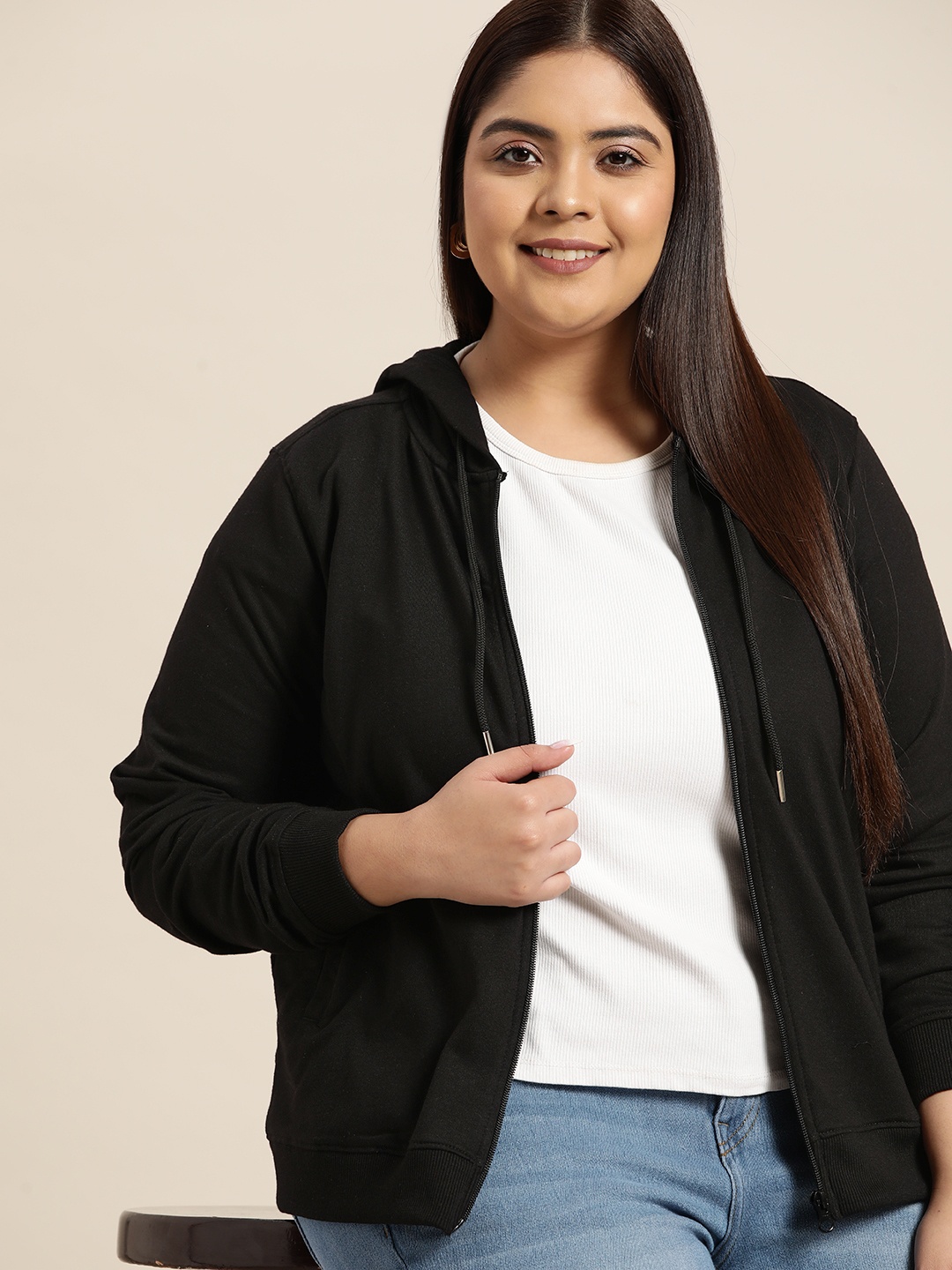 

Sztori Plus Size Women Black Solid Hooded Sweatshirt