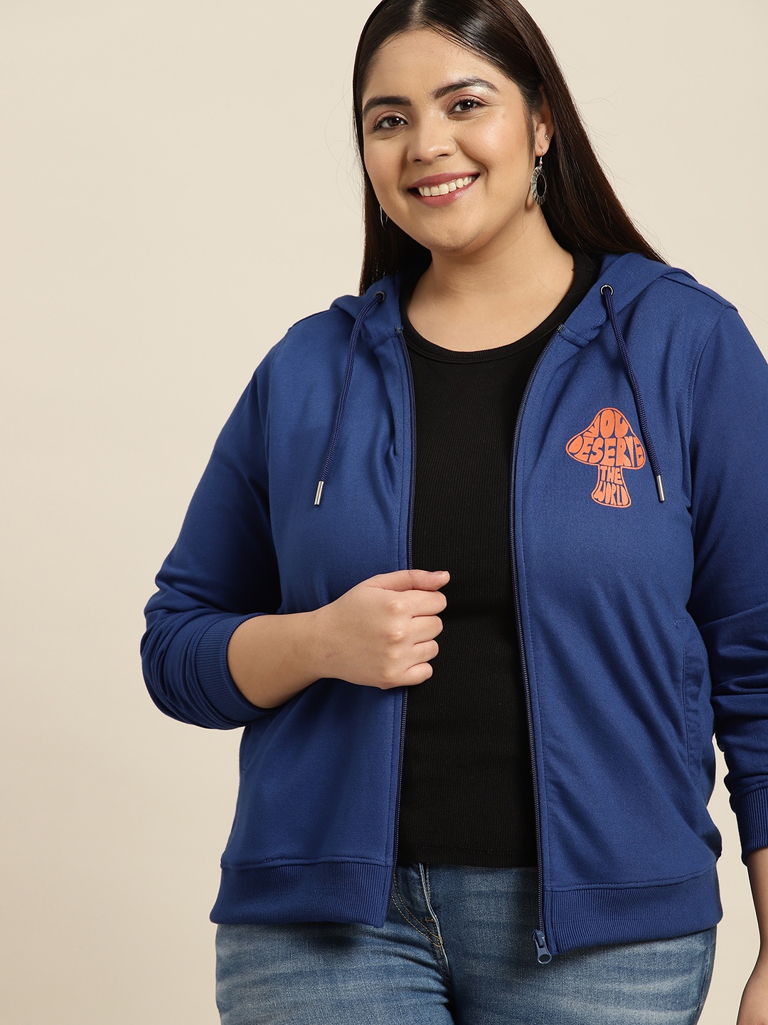 

Sztori Women Plus Size Navy Blue Printed Hooded Sweatshirt