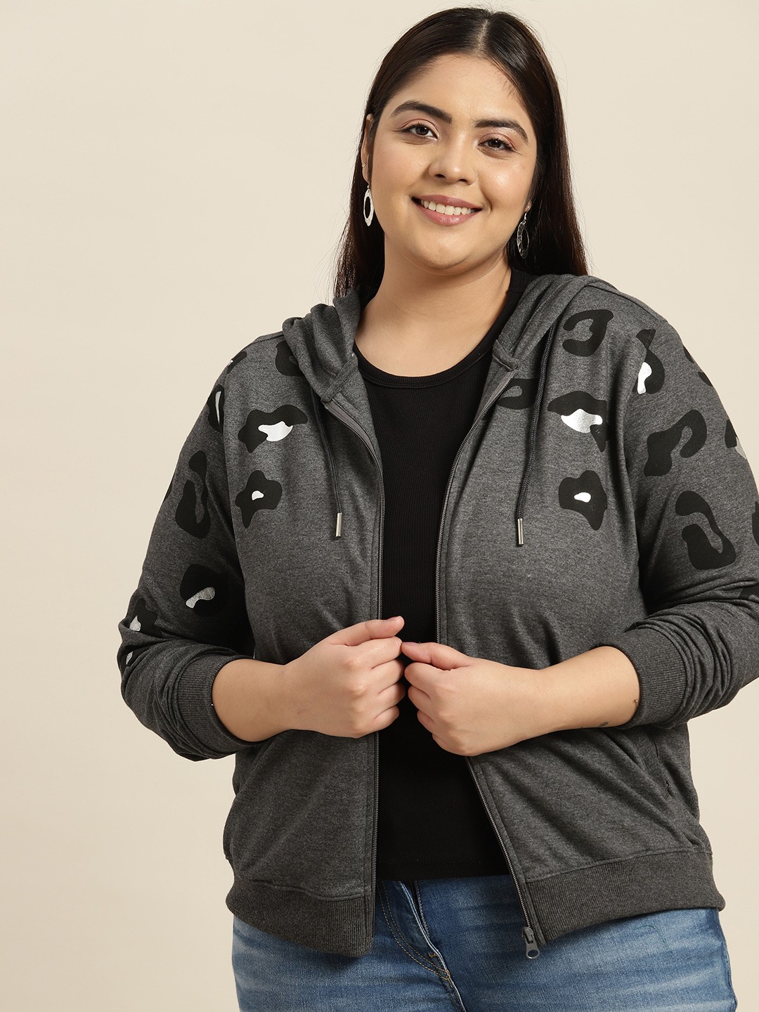 

Sztori Women Plus Size Charcoal Grey Printed Hooded Sweatshirt