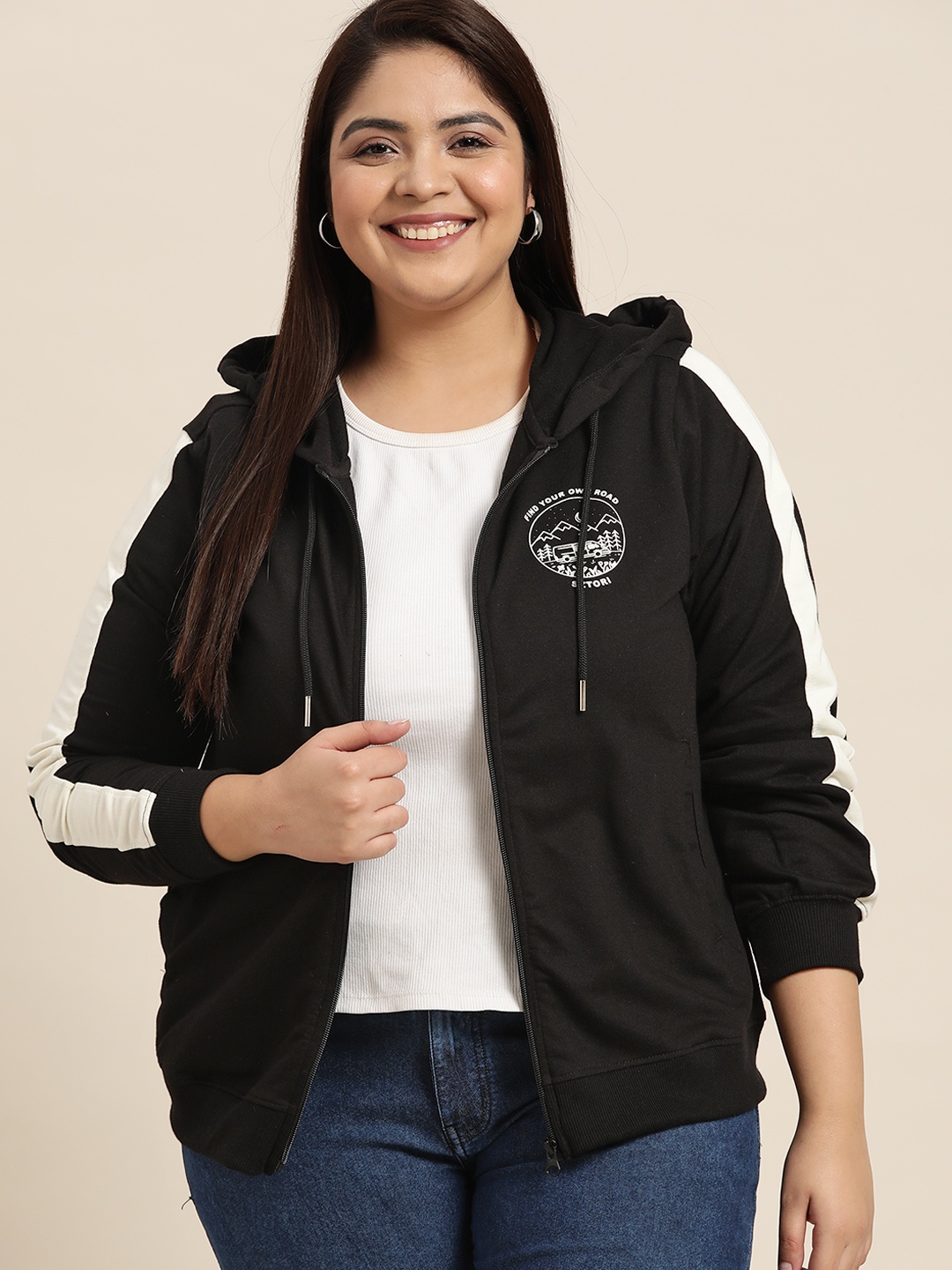 

Sztori Women Plus Size Black Pure Cotton Hooded Sweatshirt