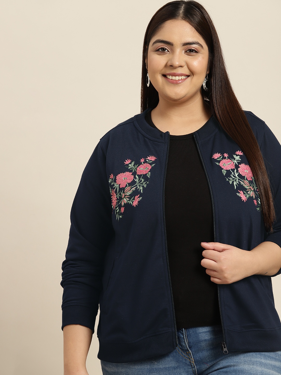 

Sztori Women Plus Size Navy Blue Embroidered Sweatshirt