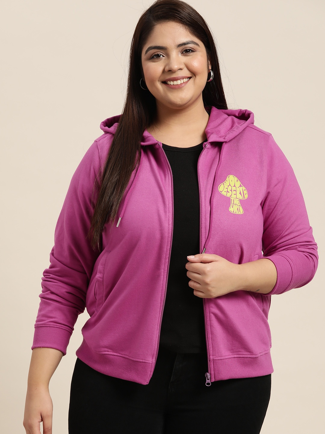 

Sztori Women Plus Size Purple Printed Hooded Sweatshirt