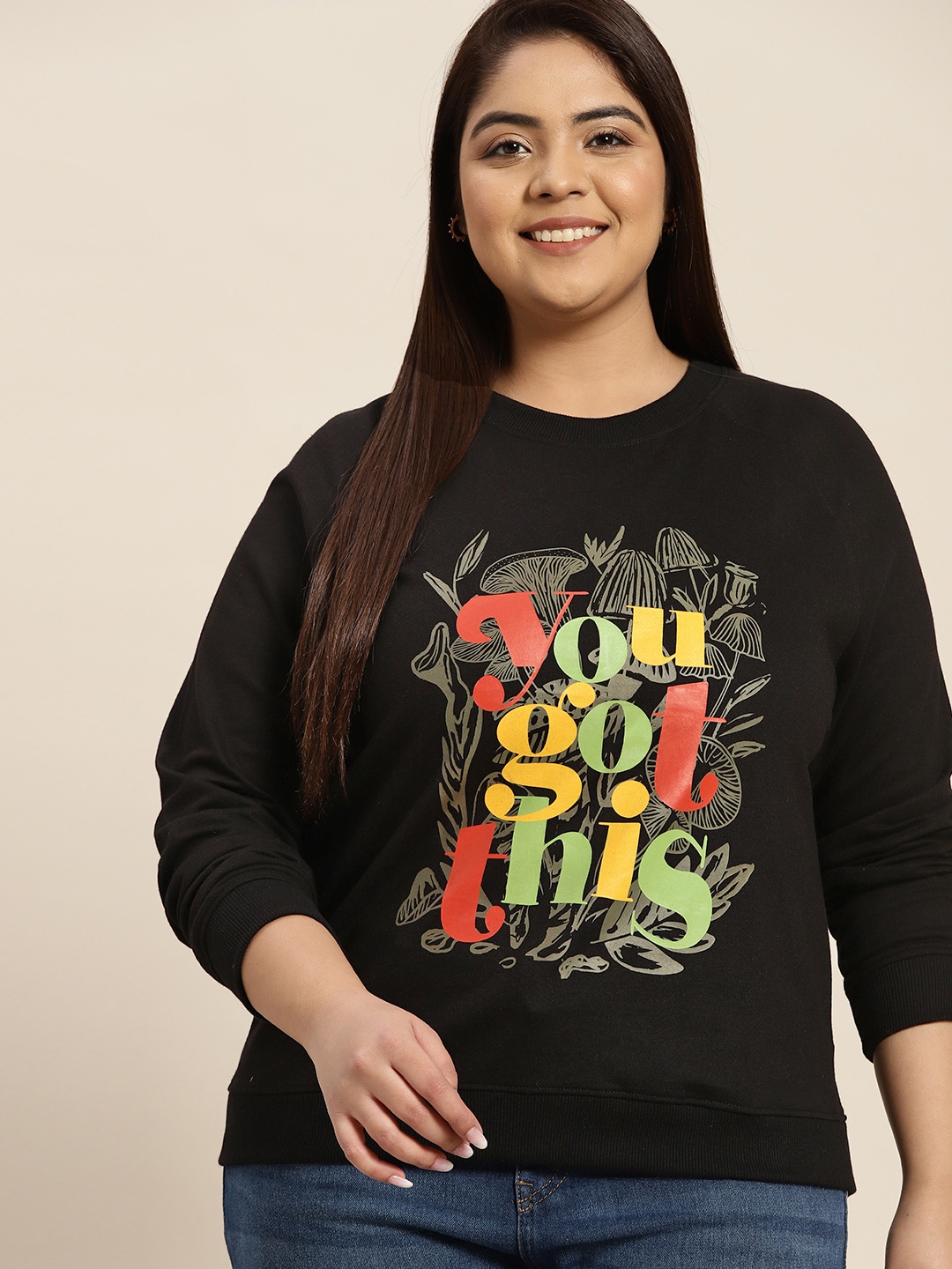 

Sztori Women Plus Size Black & Yellow Typography Printed Sweatshirt