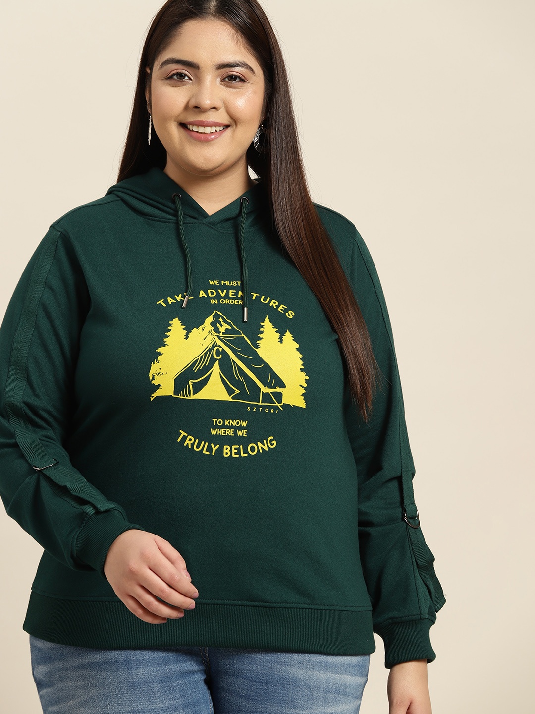 

Sztori Women Plus Size Green Printed Hooded Sweatshirt