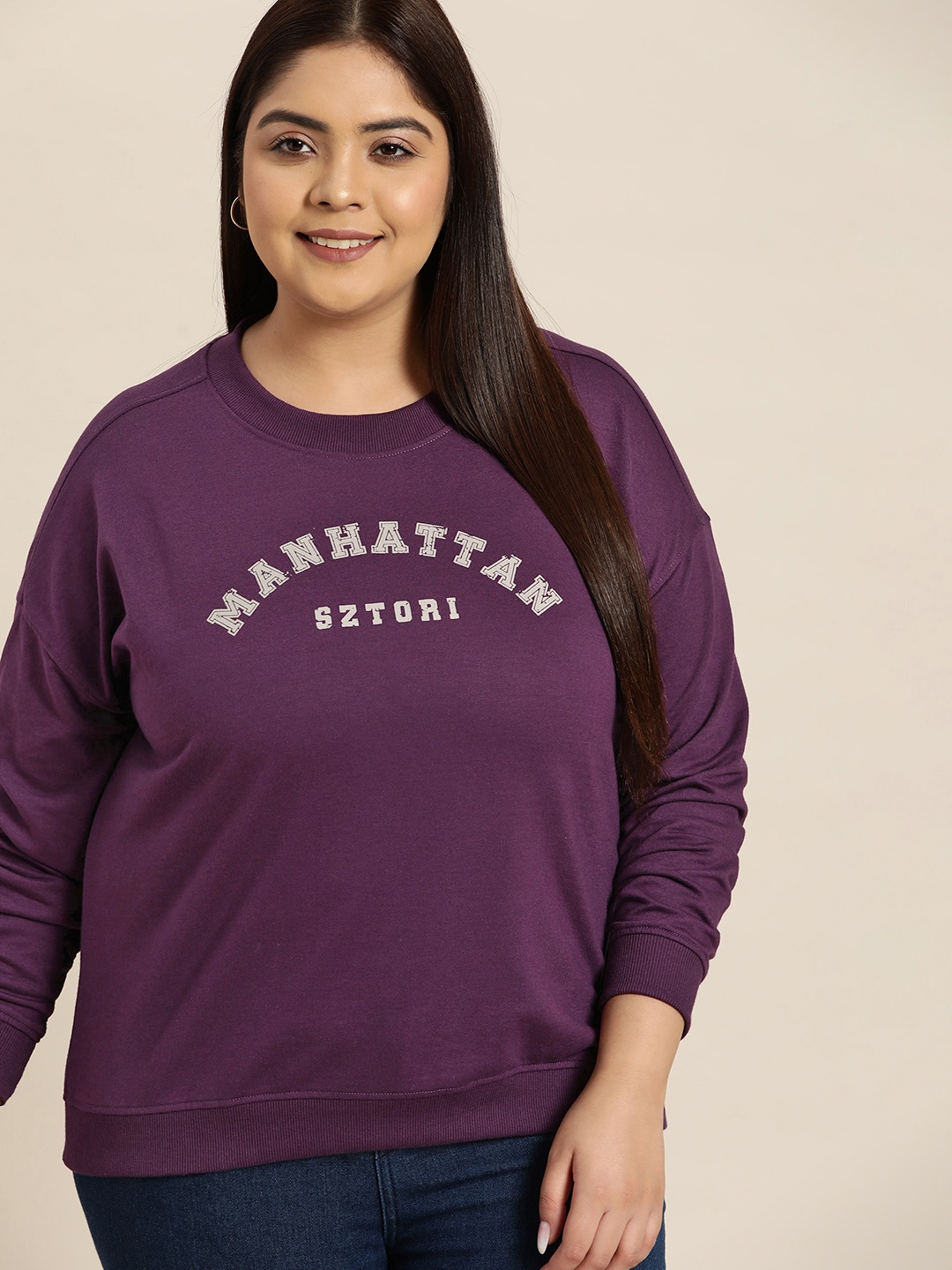 

Sztori Women Plus Size Purple Printed Sweatshirt