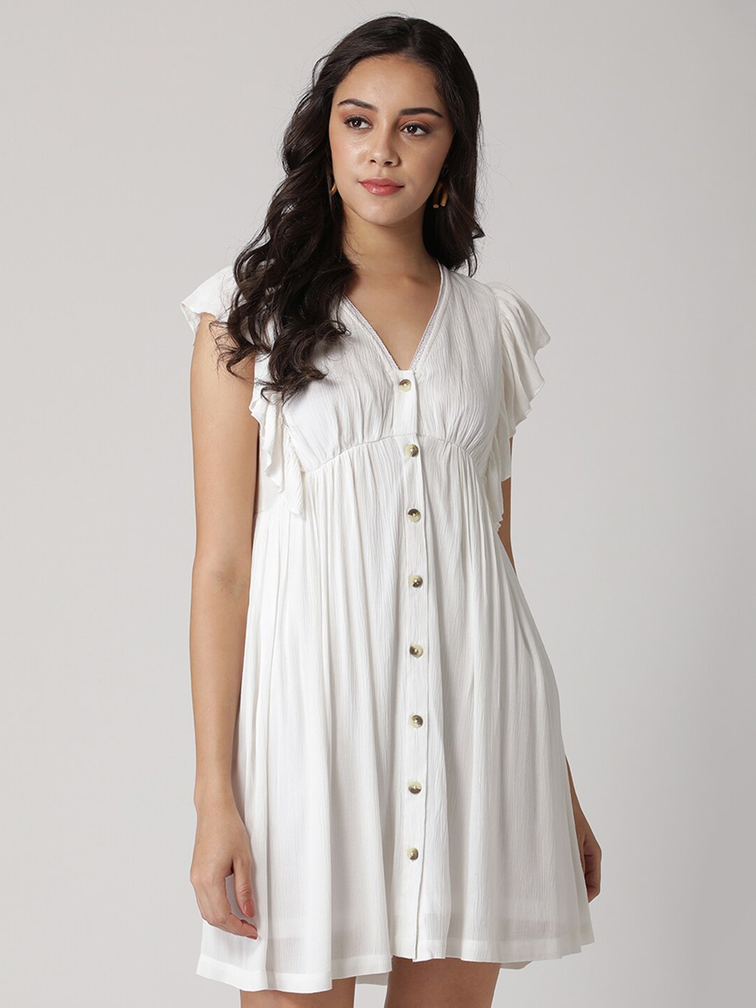 

DressBerry Women Off White Solid V-Neck Fit & Flare Dress