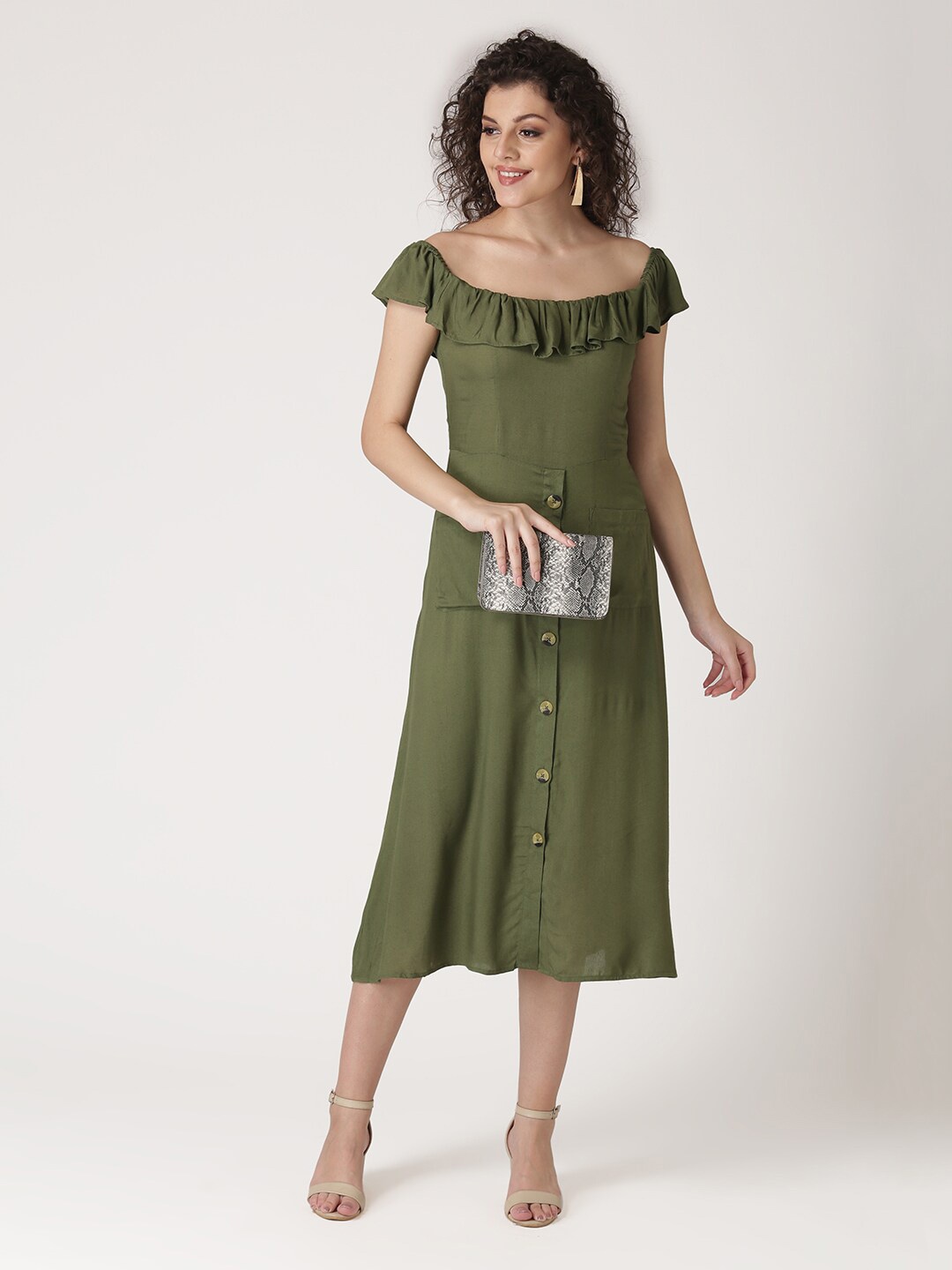 

DressBerry Women Olive Green Square Neck A-Line Midi Dress