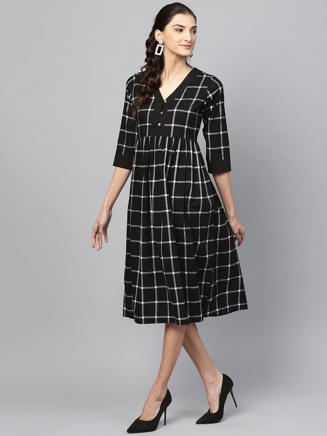 

DressBerry Women Black Checked Cotton A-Line Midi Dress