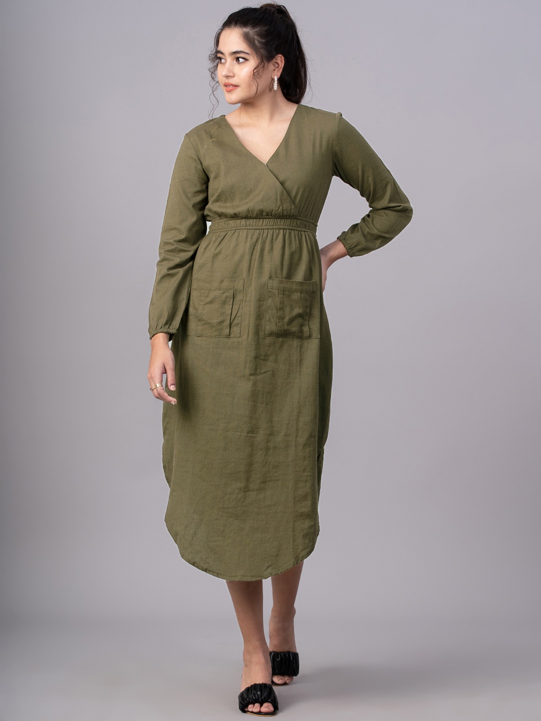 

DressBerry Olive Green & tarmac A-Line Midi Dress