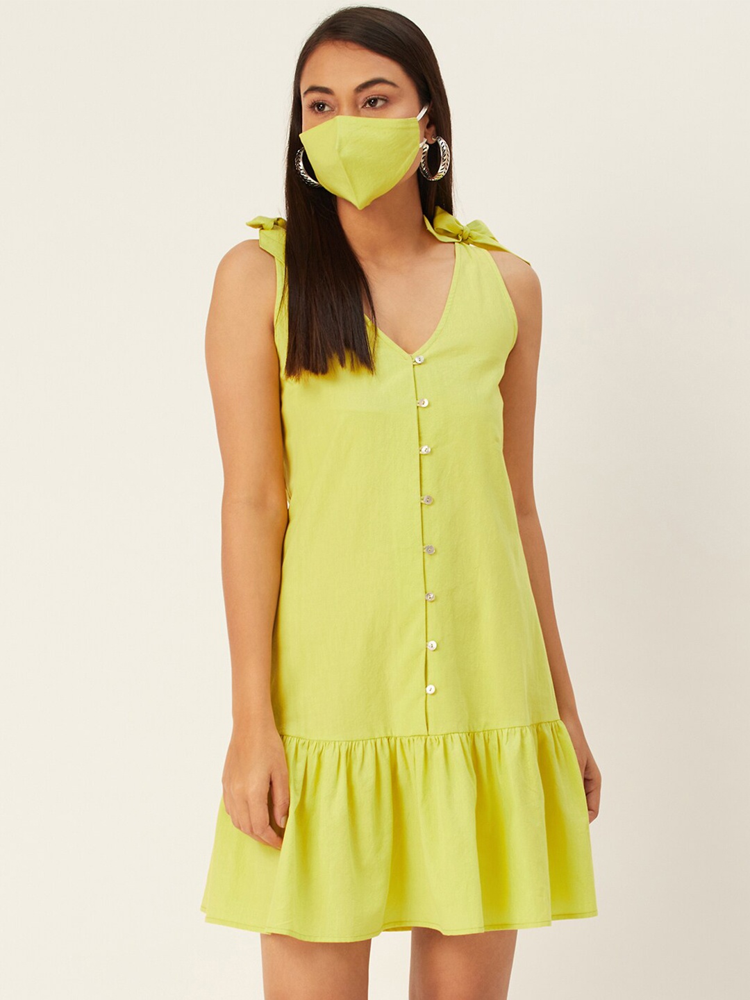 

DressBerry Yellow Solid Crepe Drop-Waist Dress