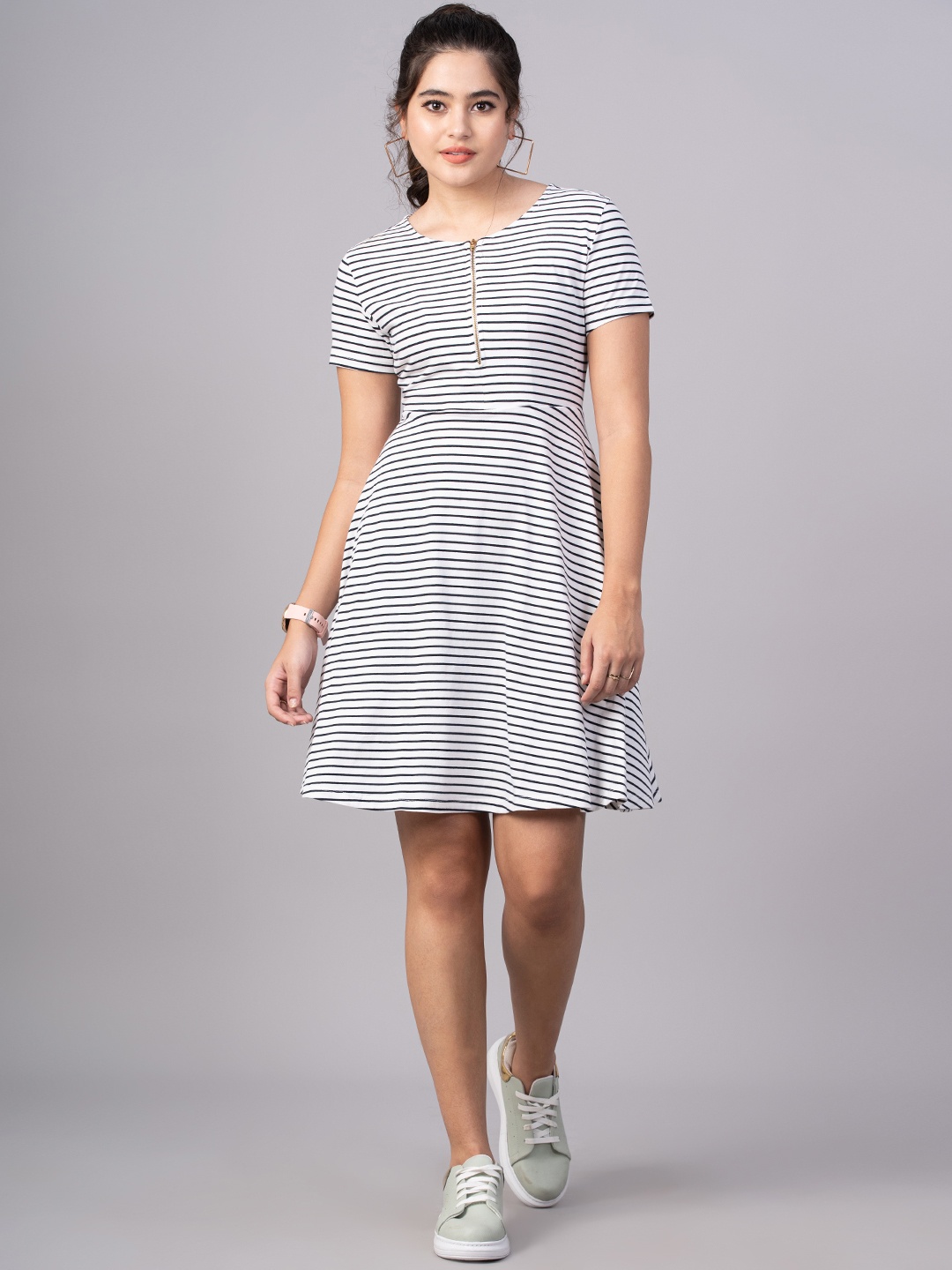 

DressBerry Women White Striped Fit & Flare Dress