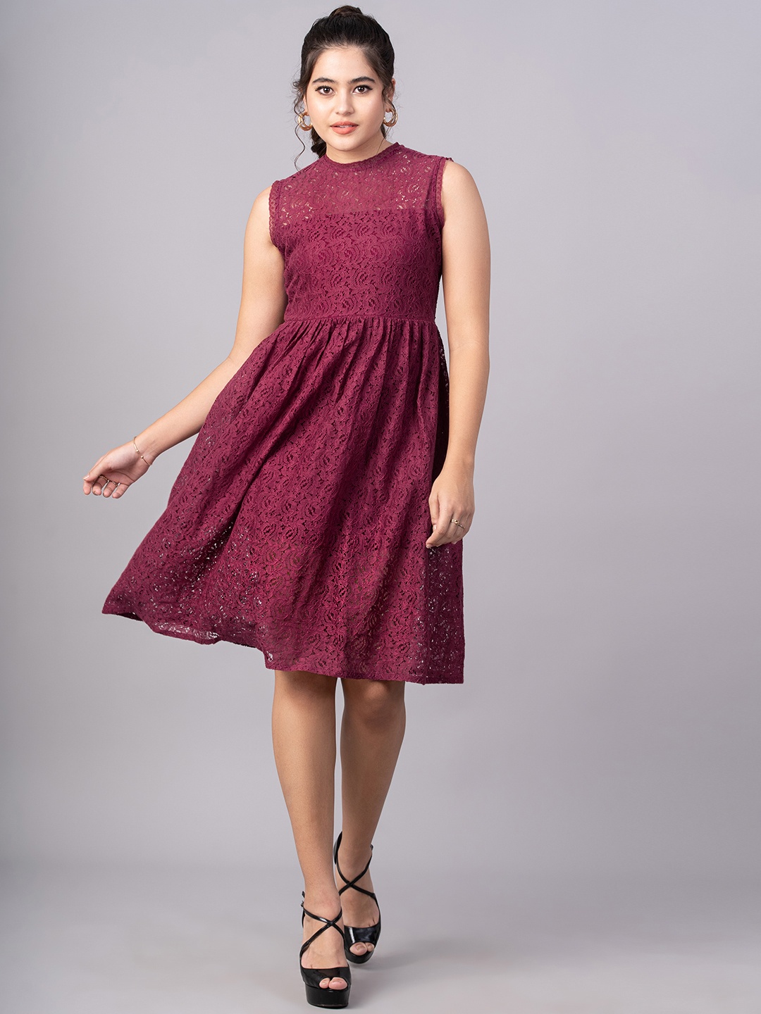 

DressBerry Women Maroon Self Design Dress