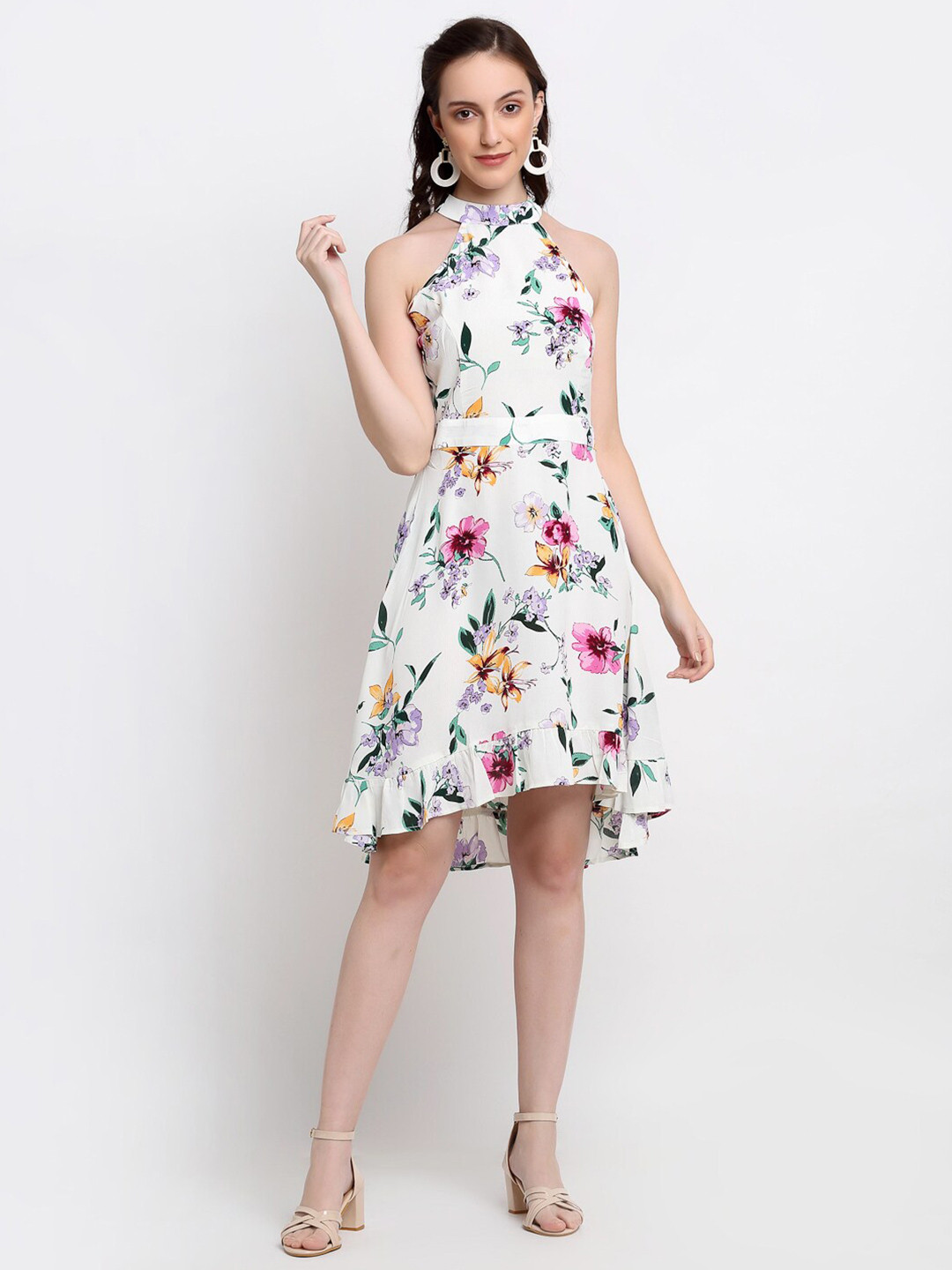 

DressBerry White Floral Halter Neck Dress