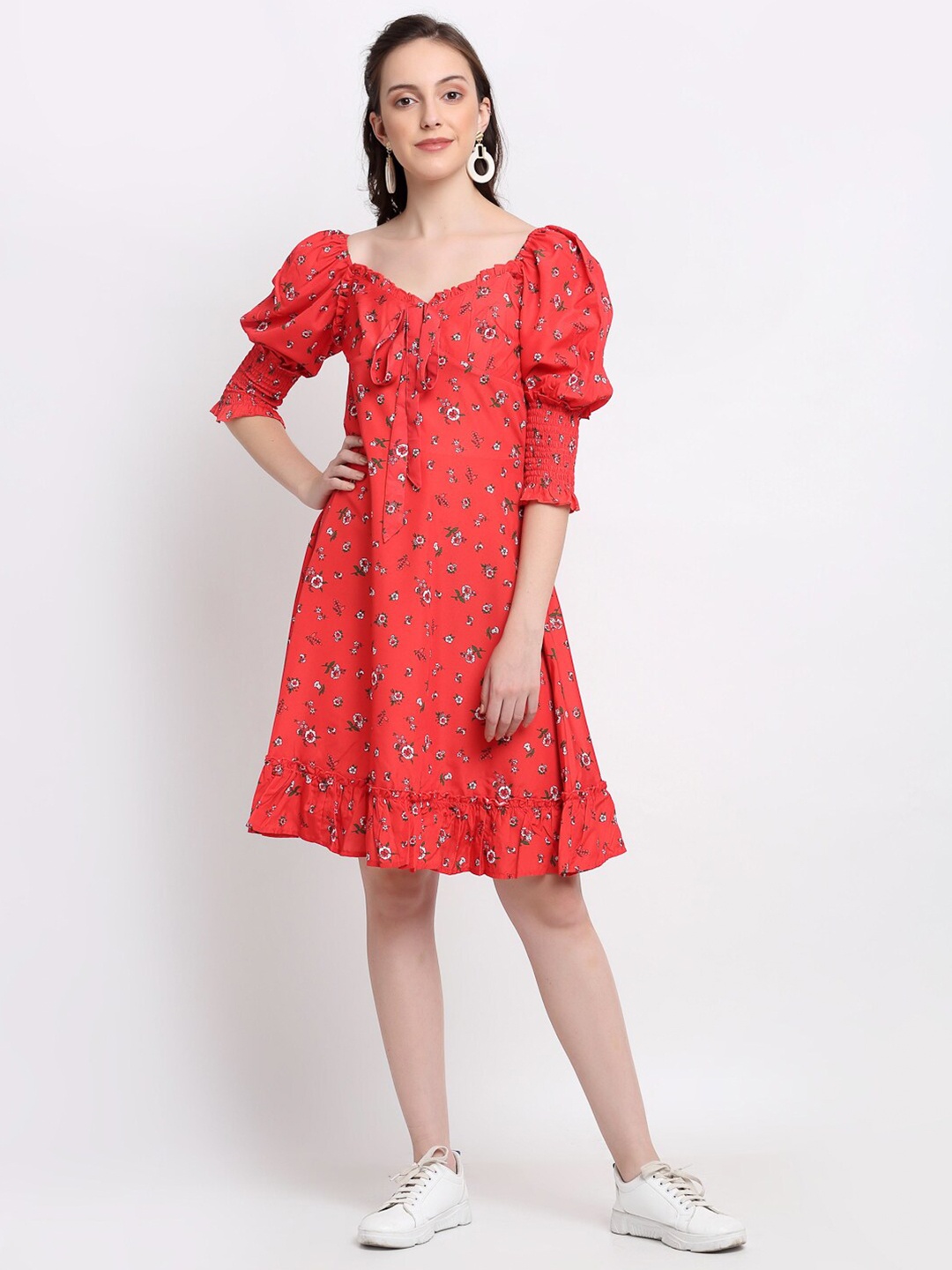 

DressBerry WOMEN Red Floral Tie-Up Neck Dress