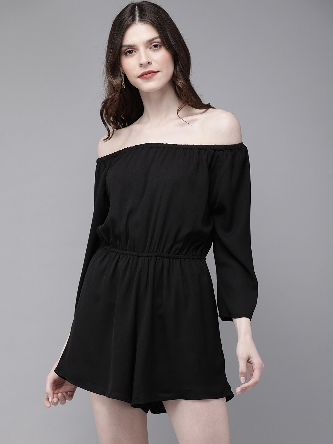 

DressBerry Black & brown Off-Shoulder A-Line Mini Dress