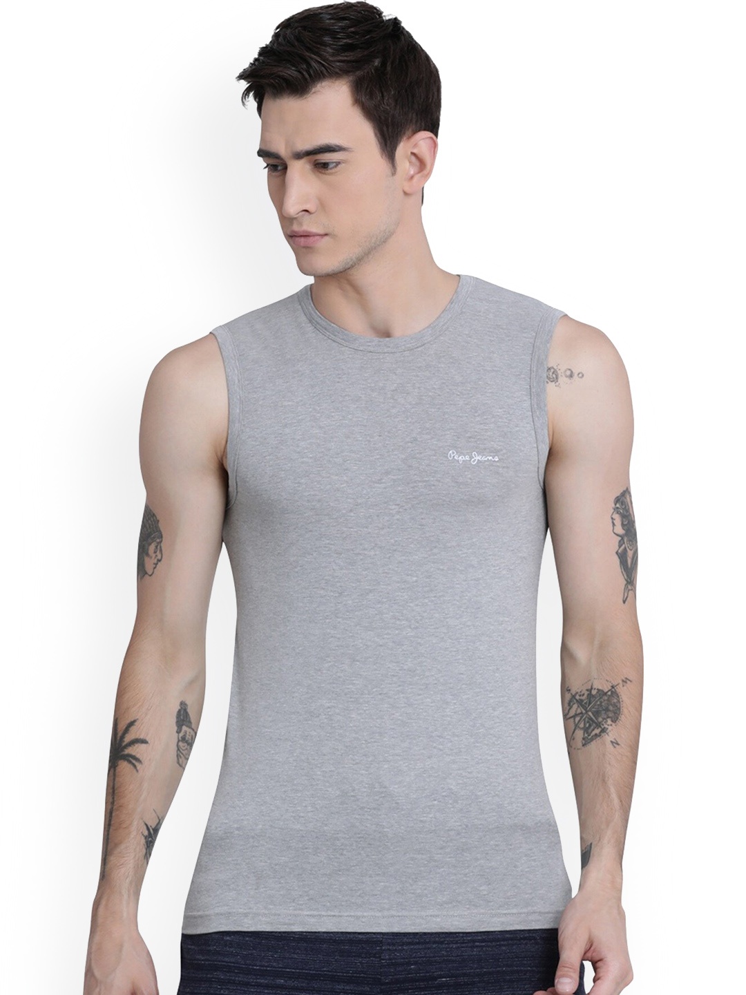 

Pepe Jeans Men Grey Solid Pure Cotton Innerwear Vests