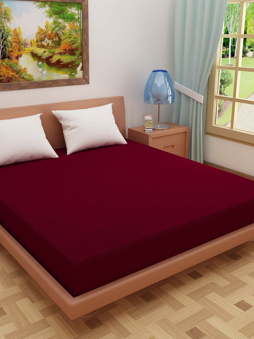 

DREAM CARE Maroon Red Solid Terry Cotton Queen Size Fitted Mattress Protector