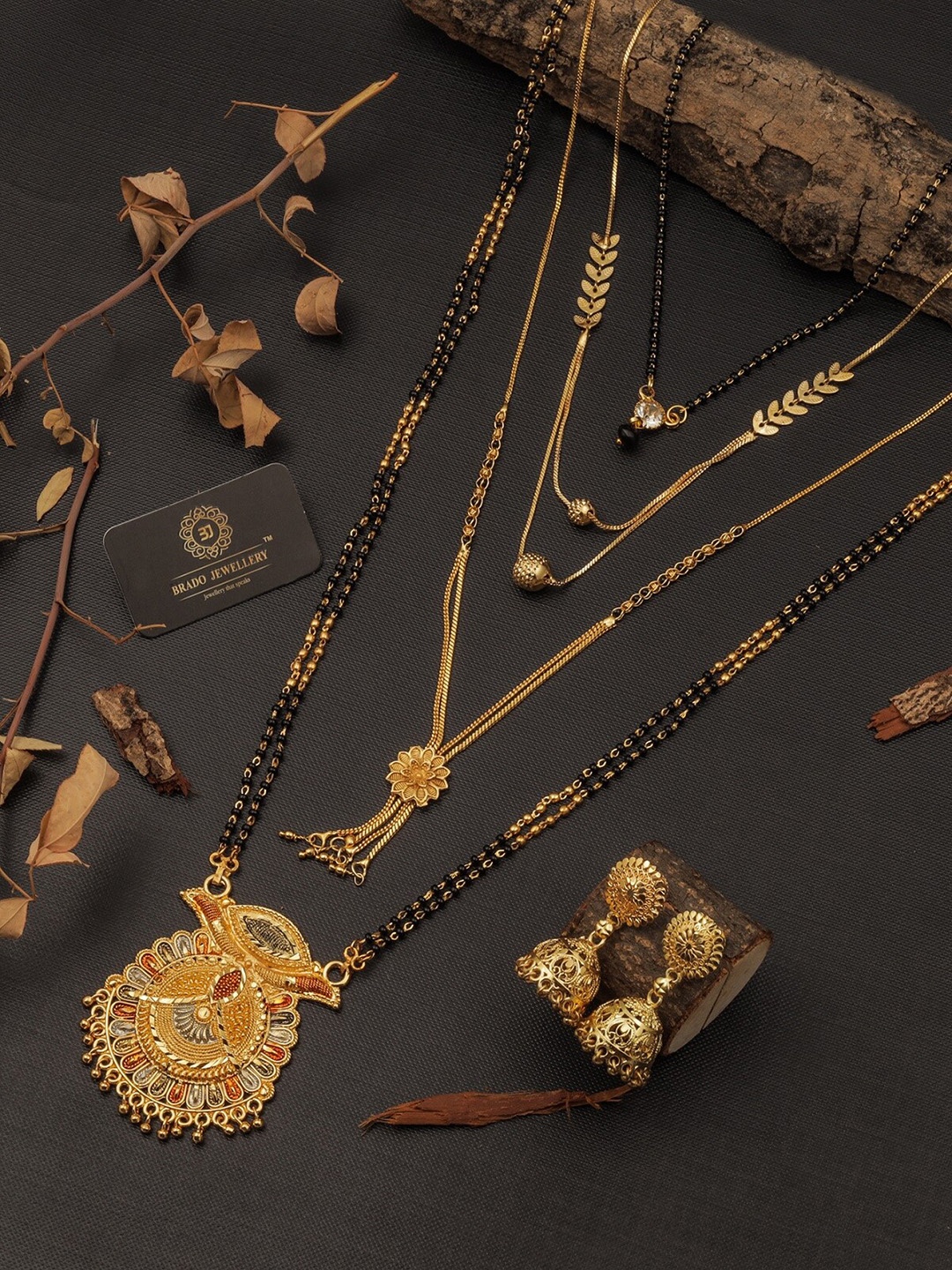 

Brado Jewellery Gold-Plated & Black Beaded Mangalsutra With Earrings
