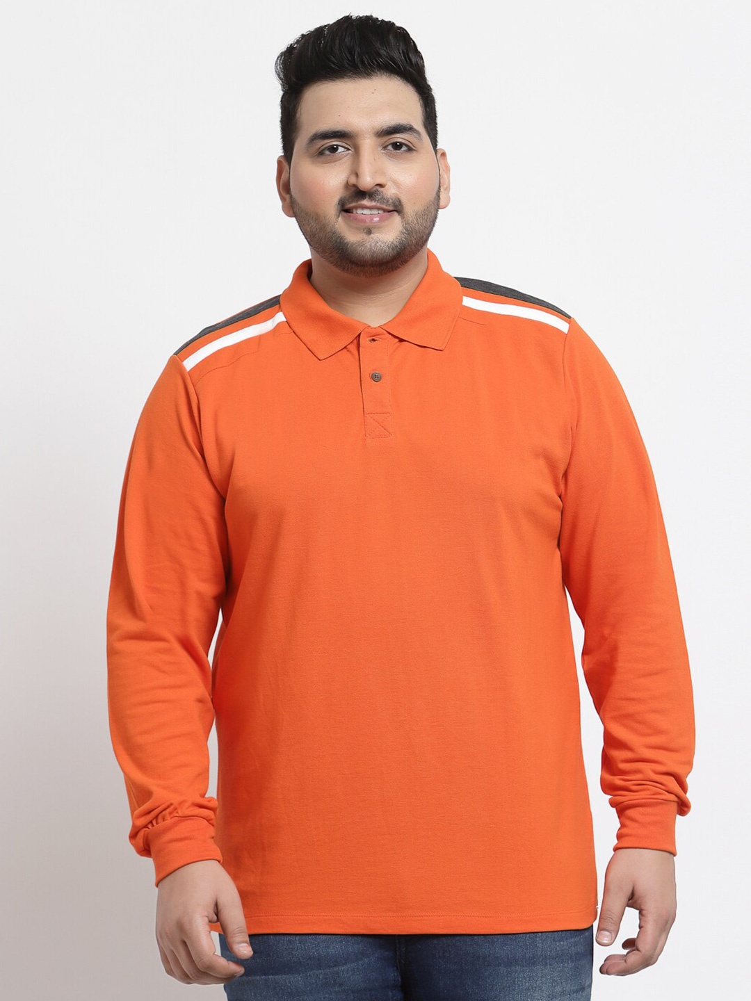 

Kalt Plus Size Men Orange Polo Collar Full Sleeve T-shirt