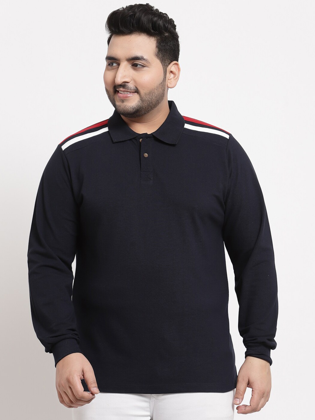 

Kalt Plus Size Men Navy Blue Printed Polo Collar T-shirt