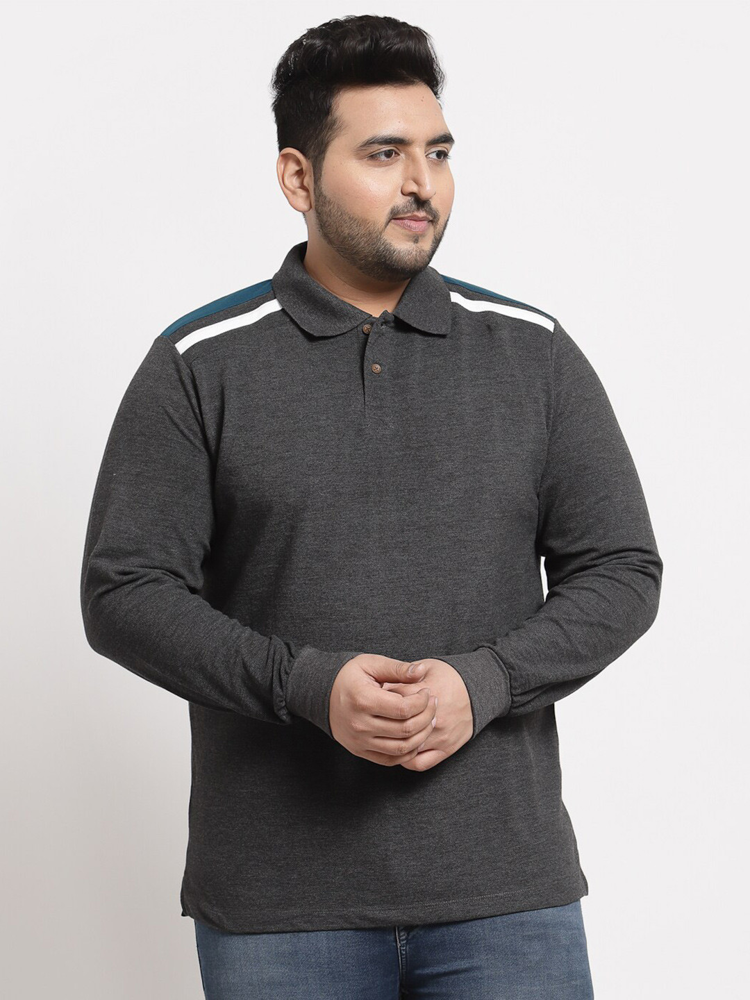 

Kalt Plus Size Men Grey Printed Polo Collar T-shirt