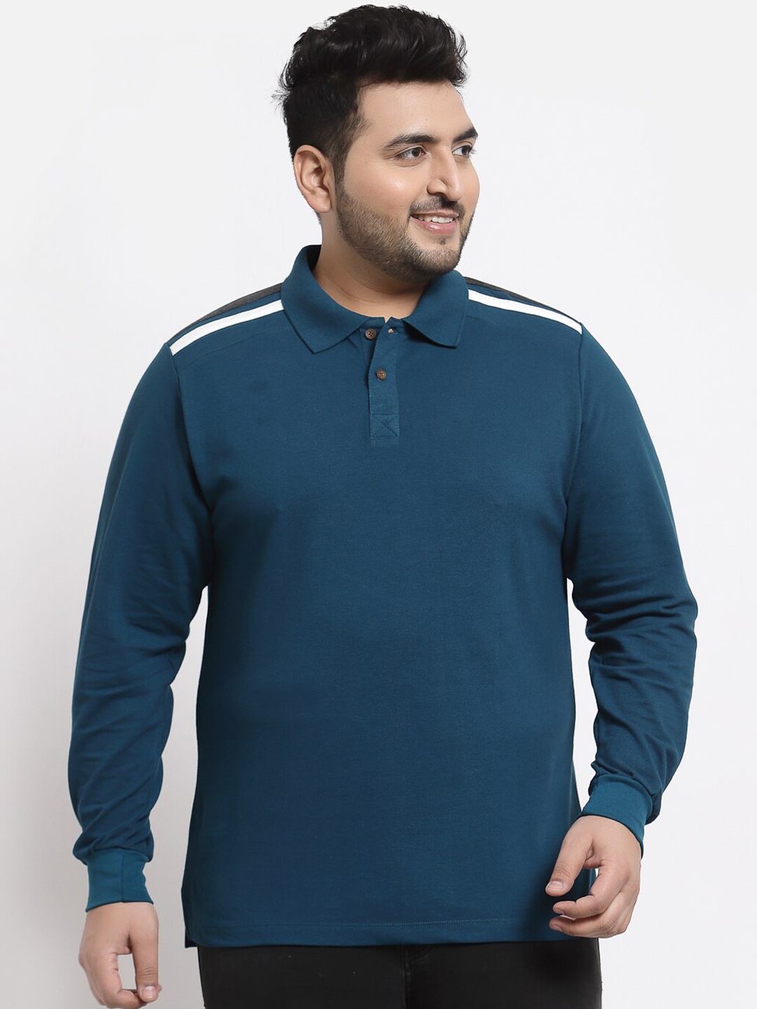 

Kalt Plus Size Men Teal Printed Polo Collar Full Sleeves T-shirt