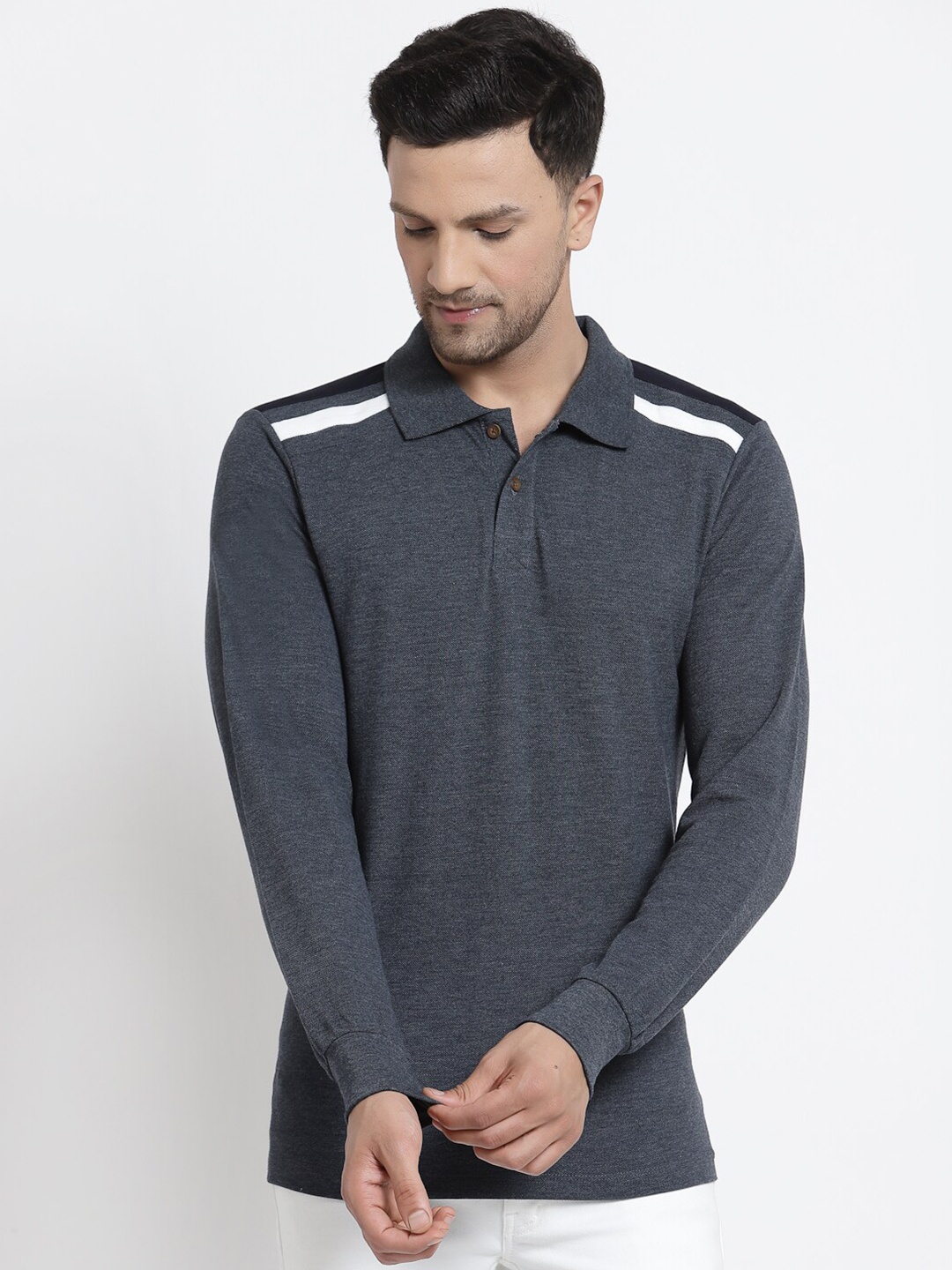 

Kalt Men Blue & plum perfect Striped Full Sleeves Polo Collar T-shirt