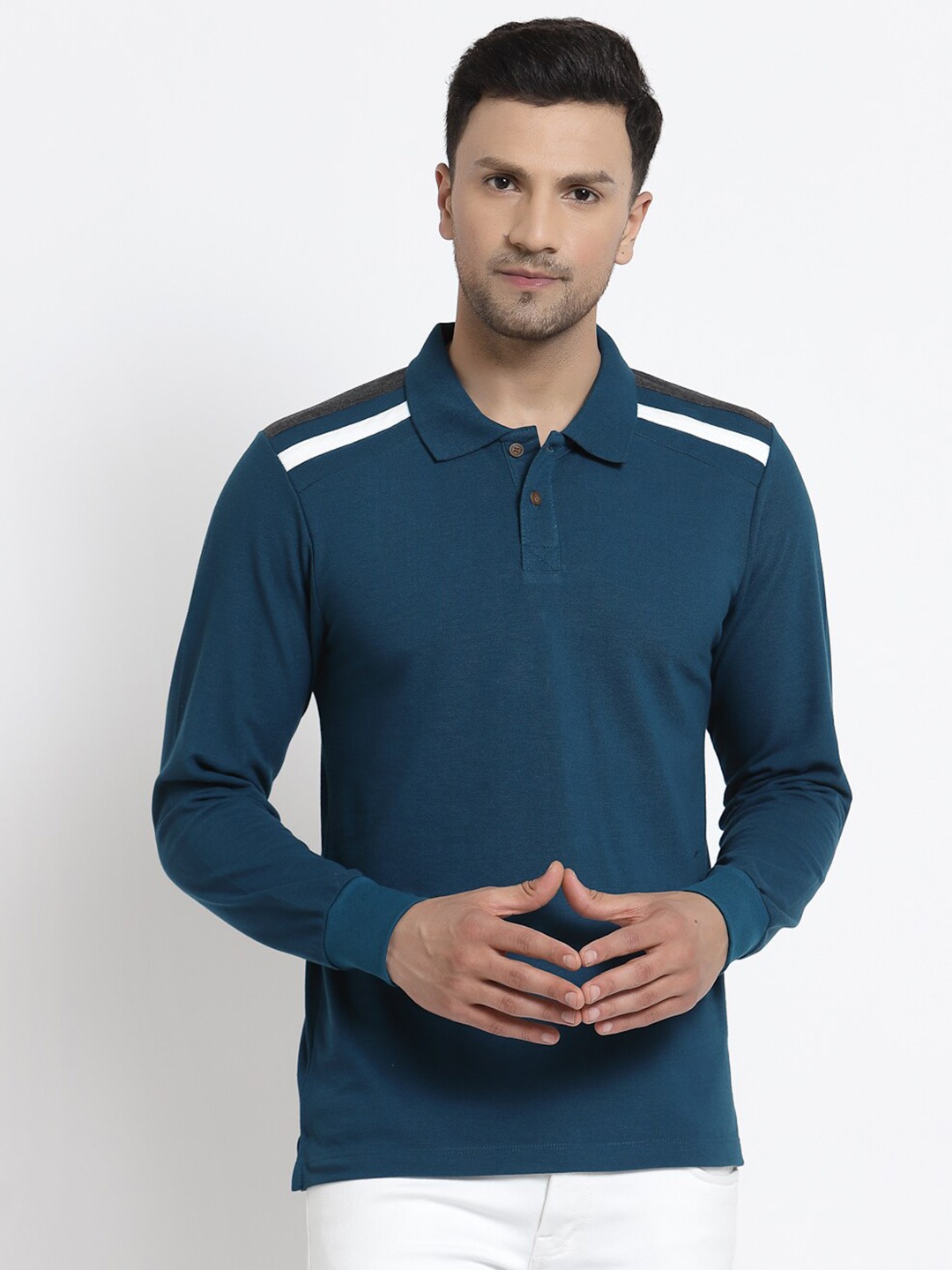 

Kalt Men Teal & dark blue Full Sleeves Polo Collar T-shirt