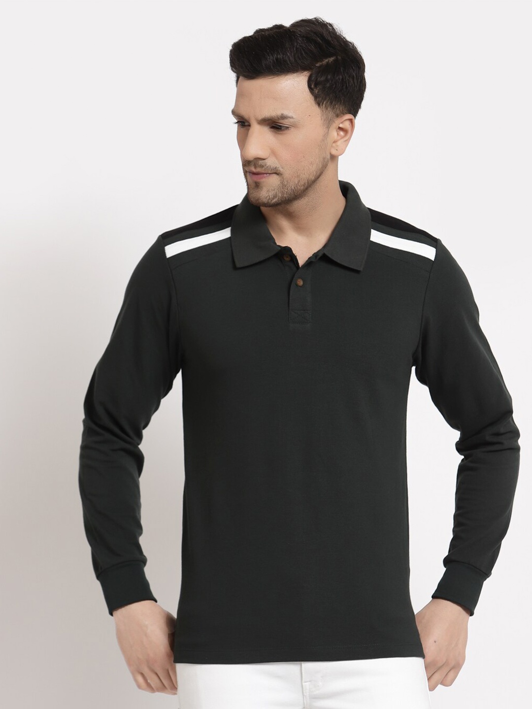 

Kalt Men Green Printed Full Sleeves Polo Collar T-shirt