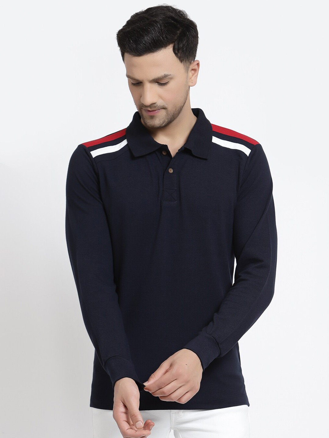

Kalt Men Navy Blue Printed Full Sleeves Polo Collar T-shirt