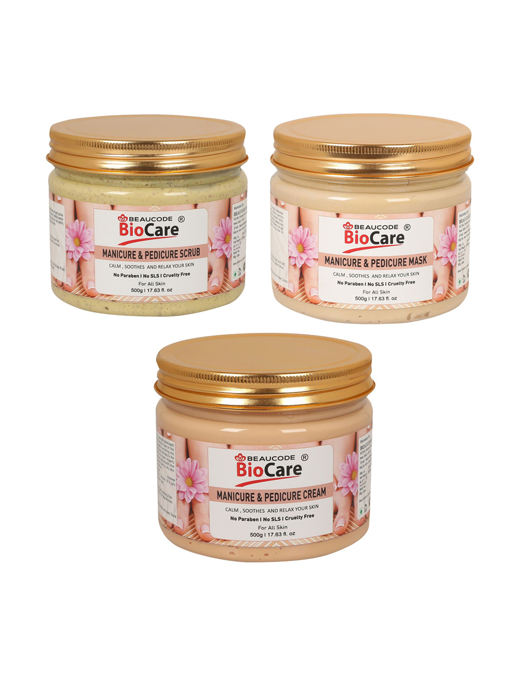 

BEAUCODE BIOCARE Set of Manicure & Pedicure Mask - Scrub - Cream - 500 g each, Beige