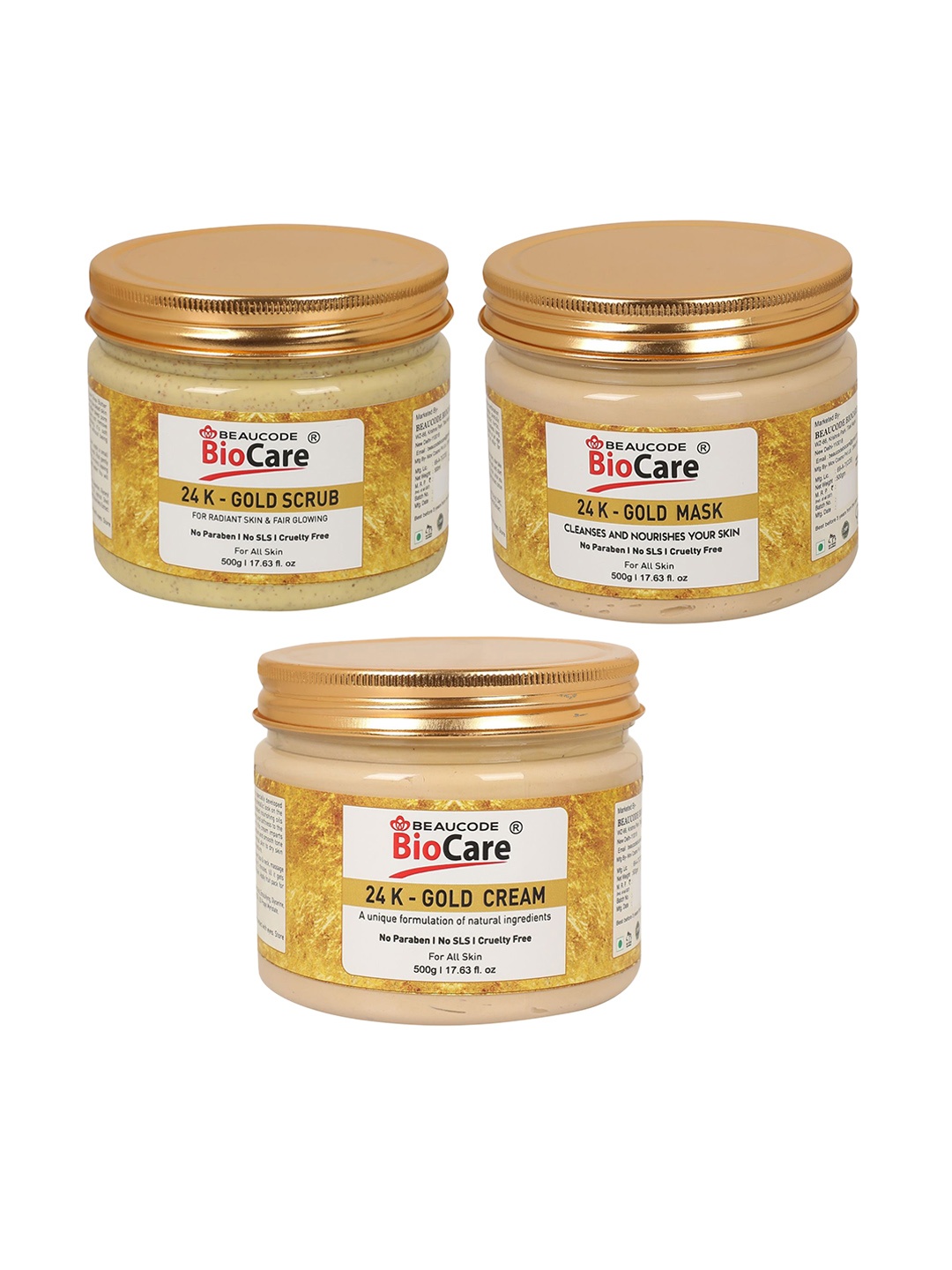 

BEAUCODE BIOCARE Set of 24k Gold Face & Body Mask - Scrub - Cream - 500 g each, Yellow