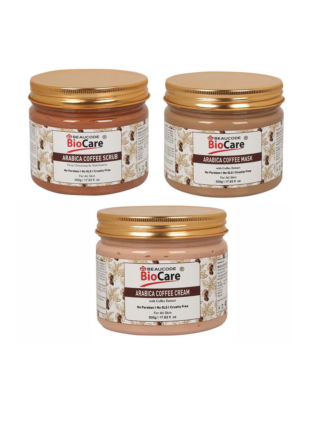 

BEAUCODE BIOCARE Set of 3 Arabica Coffee Face & Body Mask - Scrub - Cream - 500 g each, White