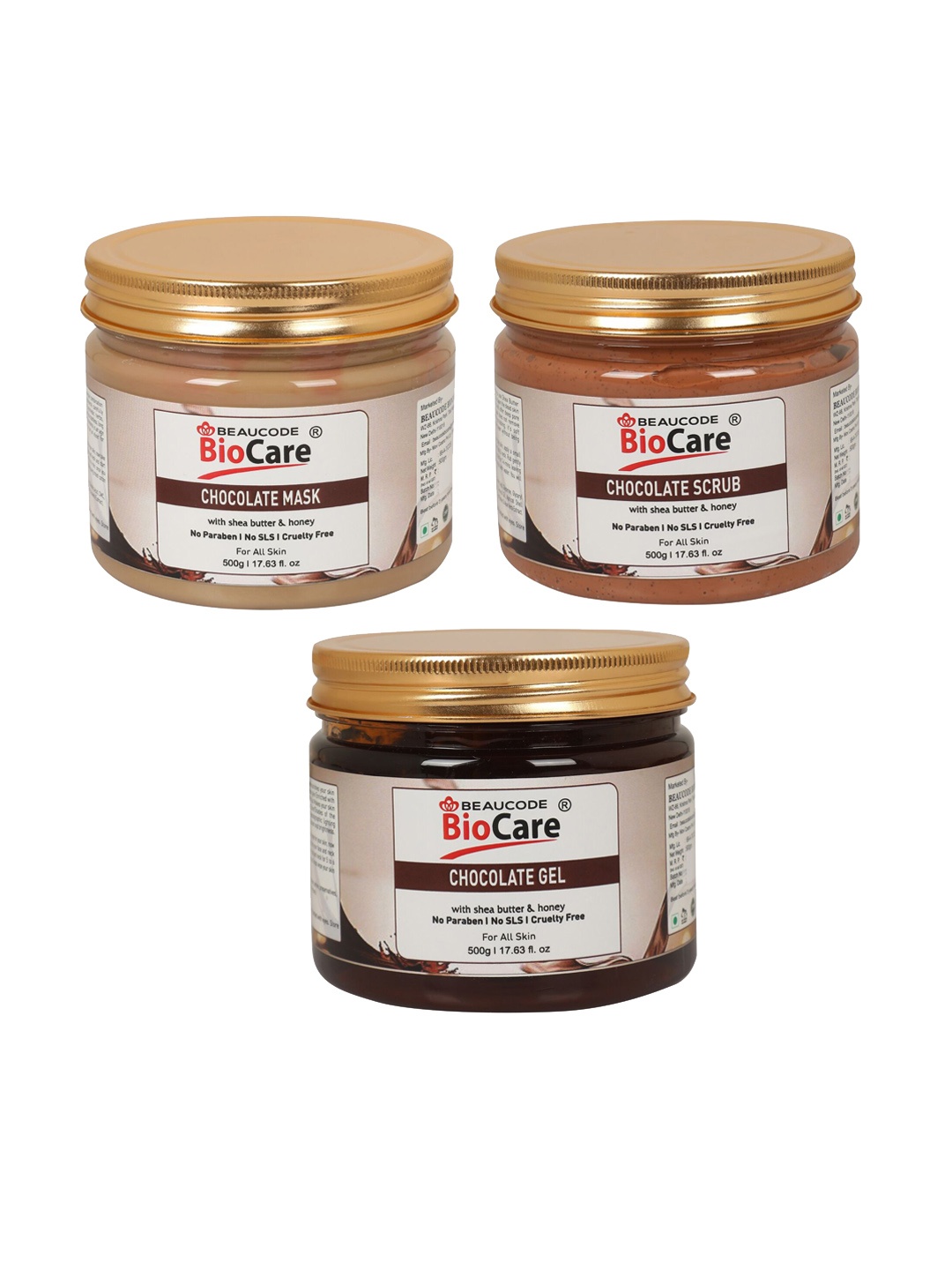 

BEAUCODE BIOCARE Set of Chocolate Face & Body Mask - Scrub - Gel - 500 g each, Brown