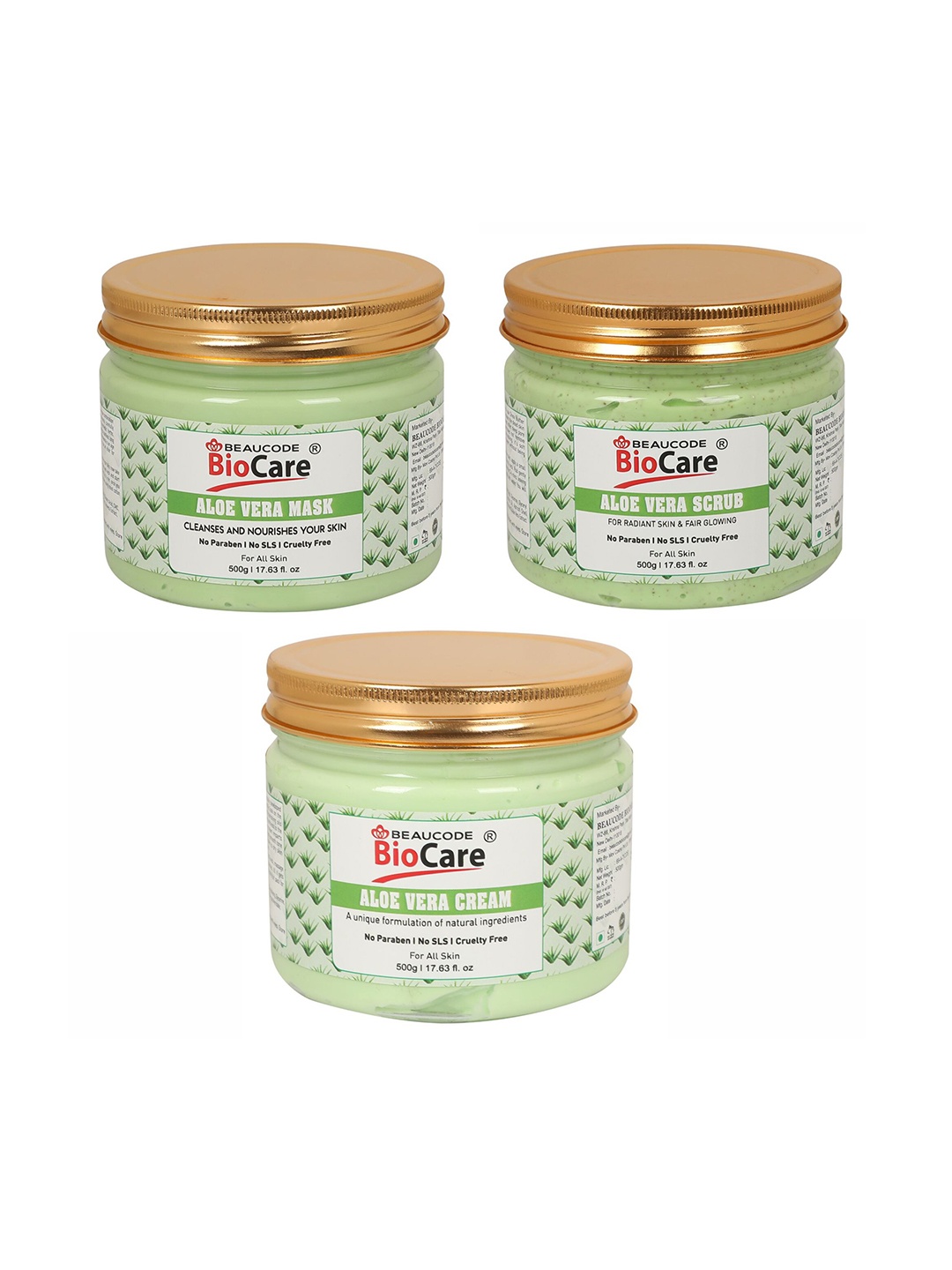 

BEAUCODE BIOCARE Set of Aloe Vera Face & Body Mask - Scrub - Cream - 500 g each, Green
