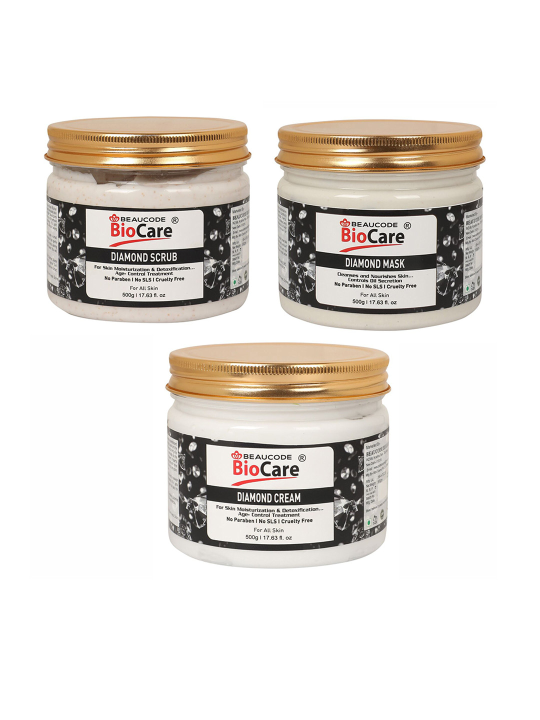 

BEAUCODE BIOCARE Set of Diamond Face & Body Mask - Scrub - Cream - 500 g each, Black