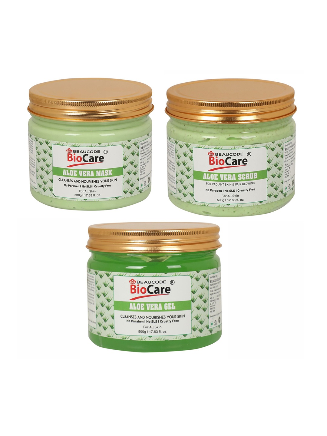

BEAUCODE BIOCARE Set of Aloe Vera Face & Body Mask - Scrub - Gel - 500 g each, Green