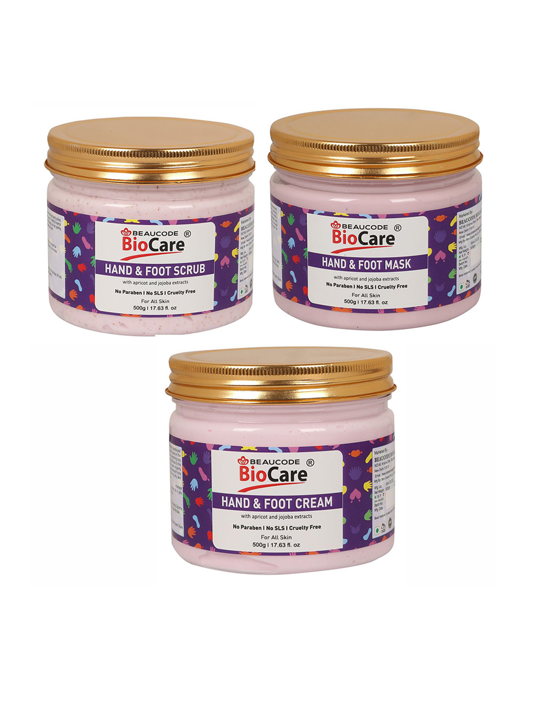 

BEAUCODE BIOCARE Set of Jojoba Oil Hand & Foot Mask - Scrub - Cream - 500 g each, Pink