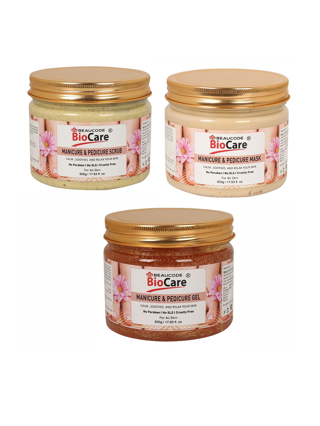 

BEAUCODE BIOCARE Set of Manicure & Pedicure Mask - Scrub - Gel - 500 g each, Beige
