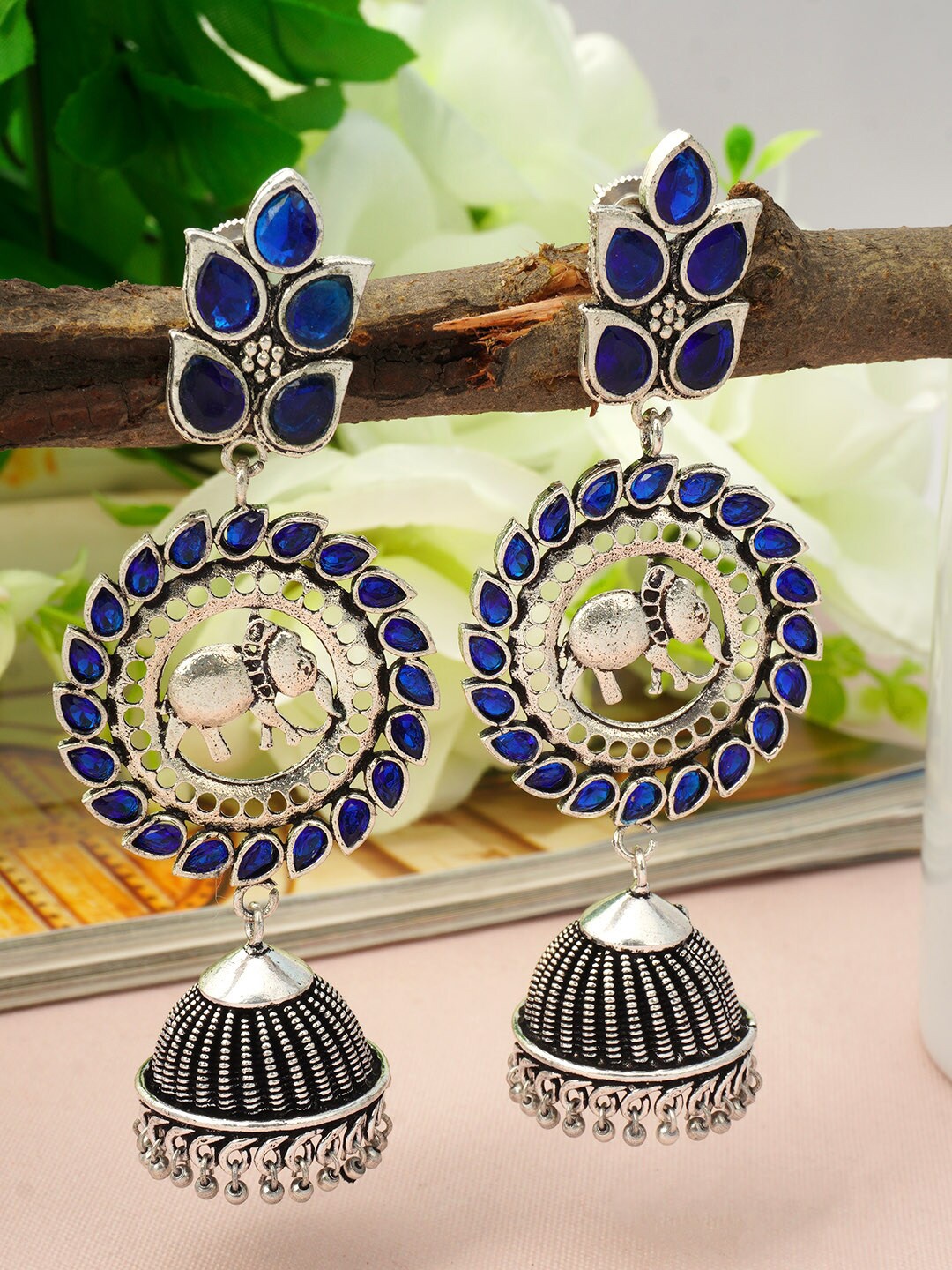 

Urmika Women Silver-Toned & Blue Classic Elephant Jhumkas Earrings