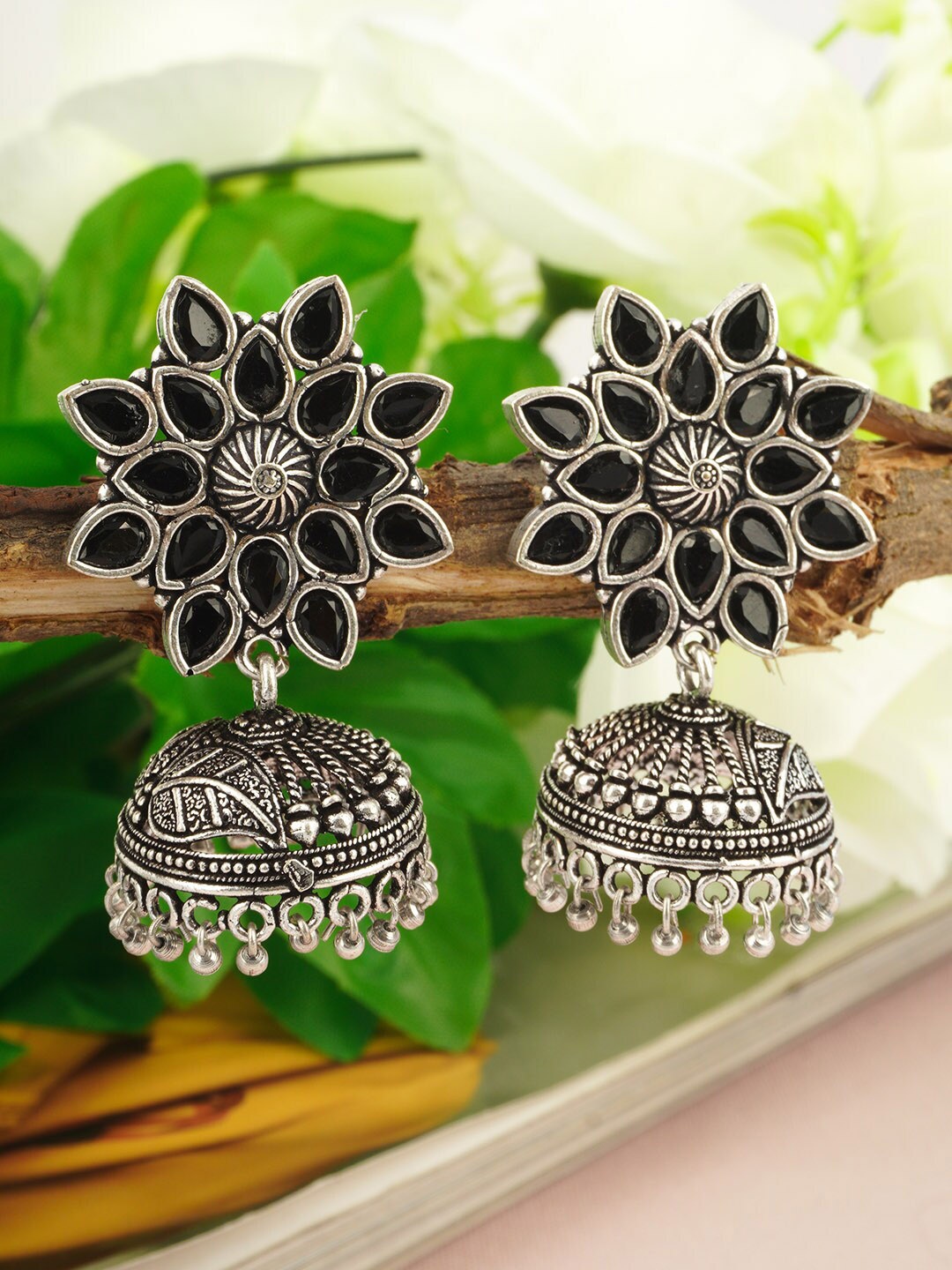 

Urmika Pack of 2 Silver-Toned & Black Classic Jhumka Earrings