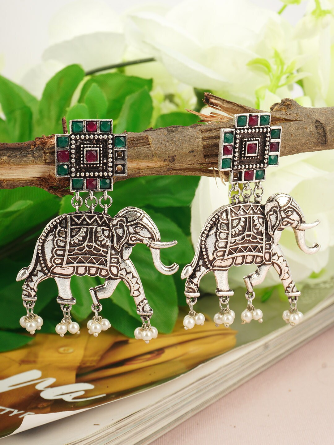 

Urmika Green & Red Elephant Design Earrings